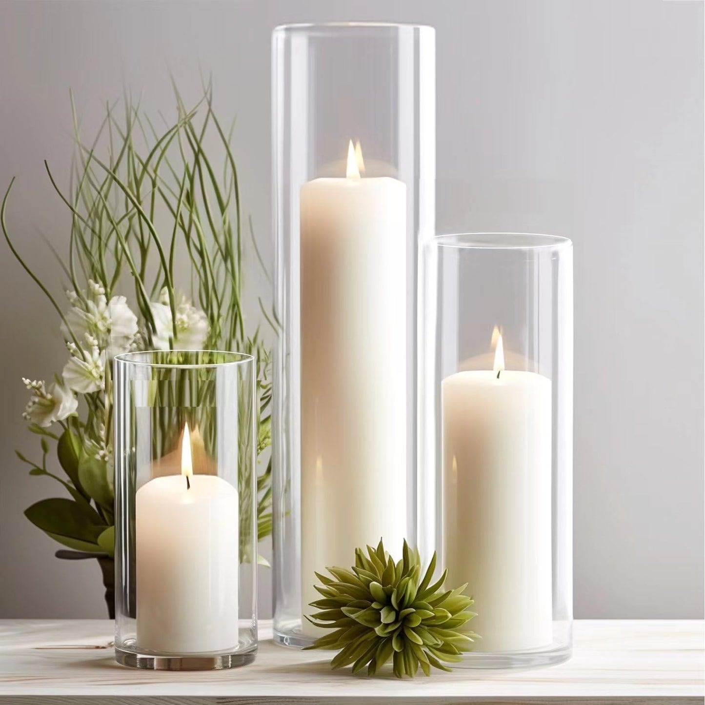 Sandraheer 12-Pack White Pillar Candles with Clear Hurricane Glass Vases - 3-Size Set for Wedding Table Centerpieces, Home Decor | Windproof Candle Holders