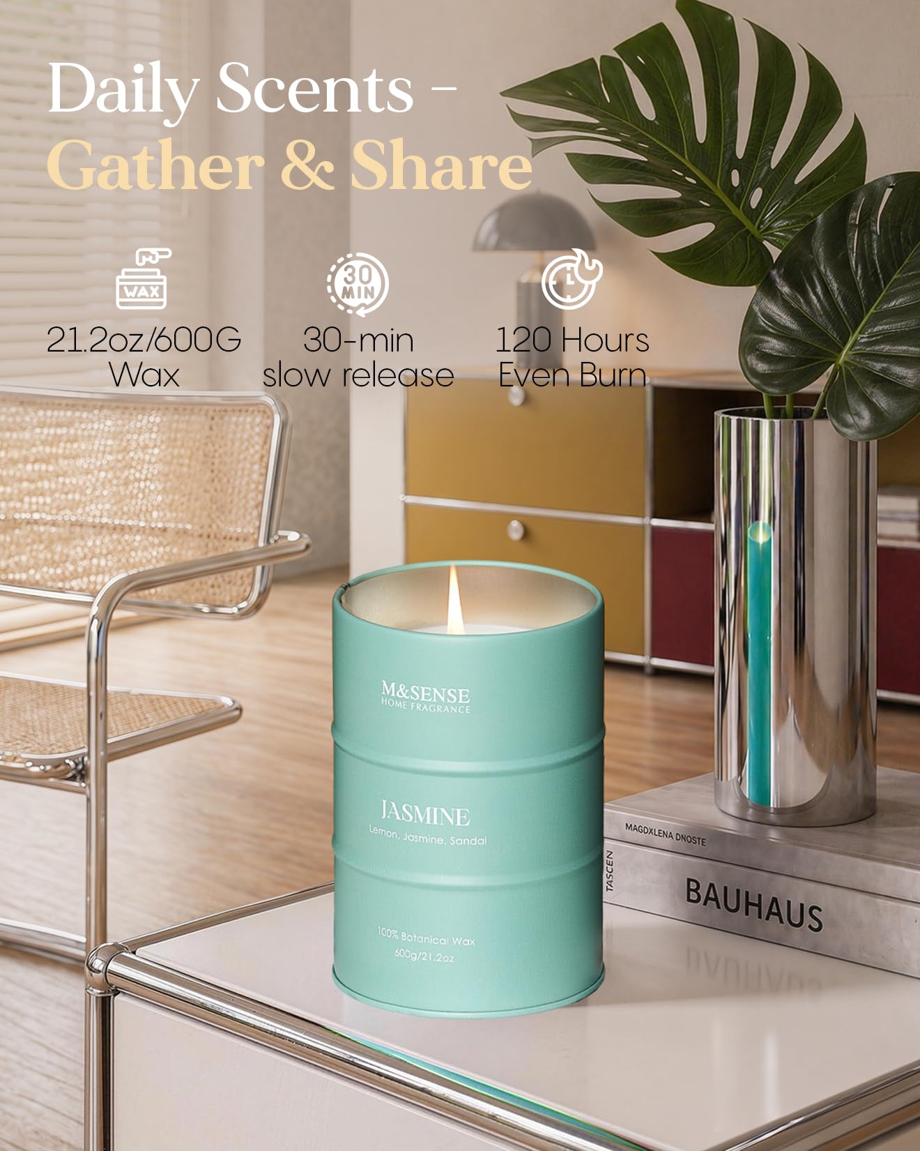 M&SENSE Jasmine Scented Candles Large, Natural Soy Candles 21.2oz 120 Hour Slow Burning,Aromatherapy Candle for Stress Relief Meditation Relaxing