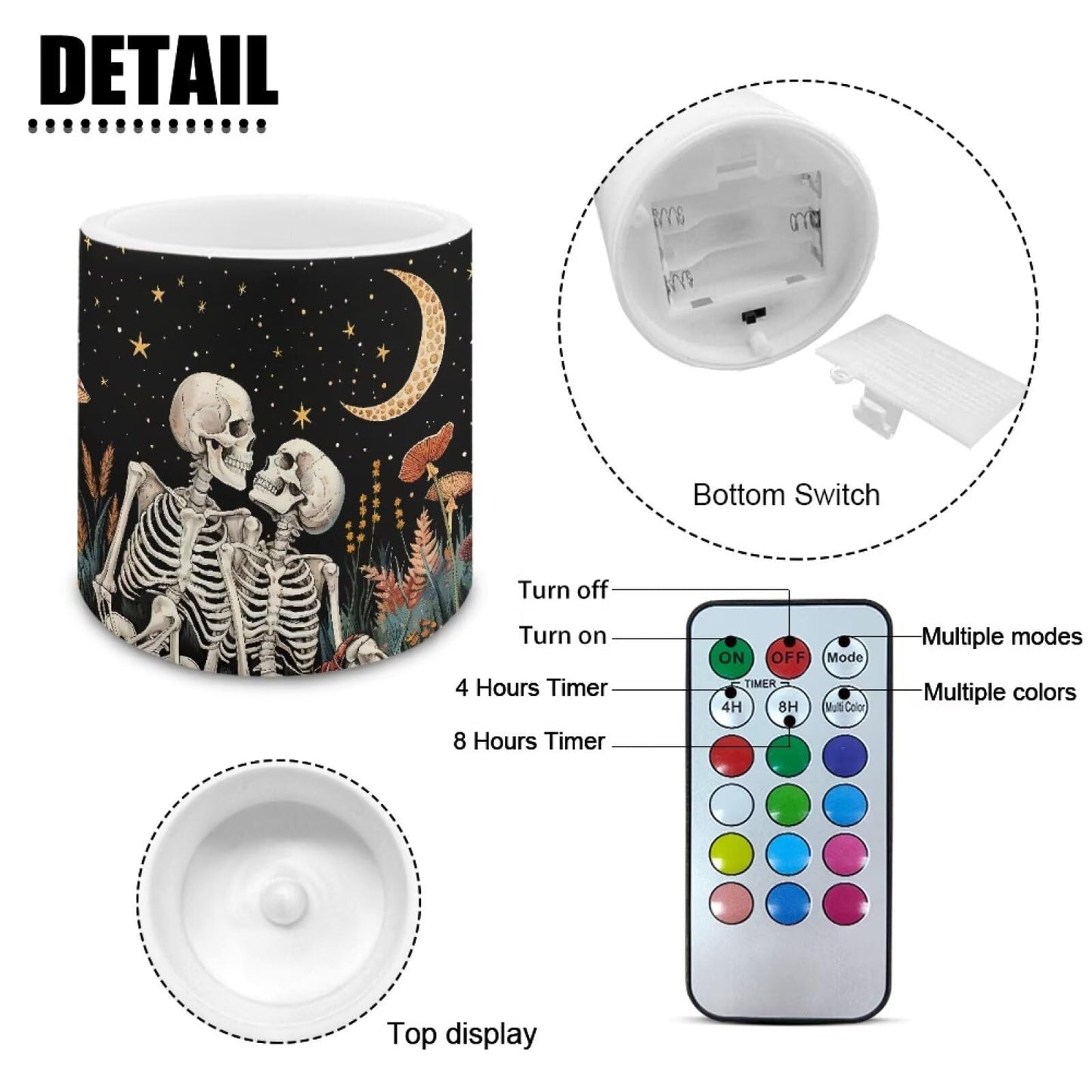 Merkmak Pack of 4 Flameless Candles Battery Operated Candles with Remote and Timer Flickering LED Elictric Pillar Tealights for Indoor Outdoor Decorations, Moon Skeleton