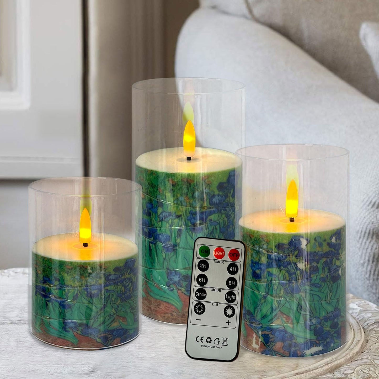 NjaoHoo Flickering Flameless Candles, Recessed String Light LED Candles Acrylic Battery Operated LED Pillar Candles with Remote Van Gogh Art Painting Style for Home Decor Set of 3((Irises Printed)