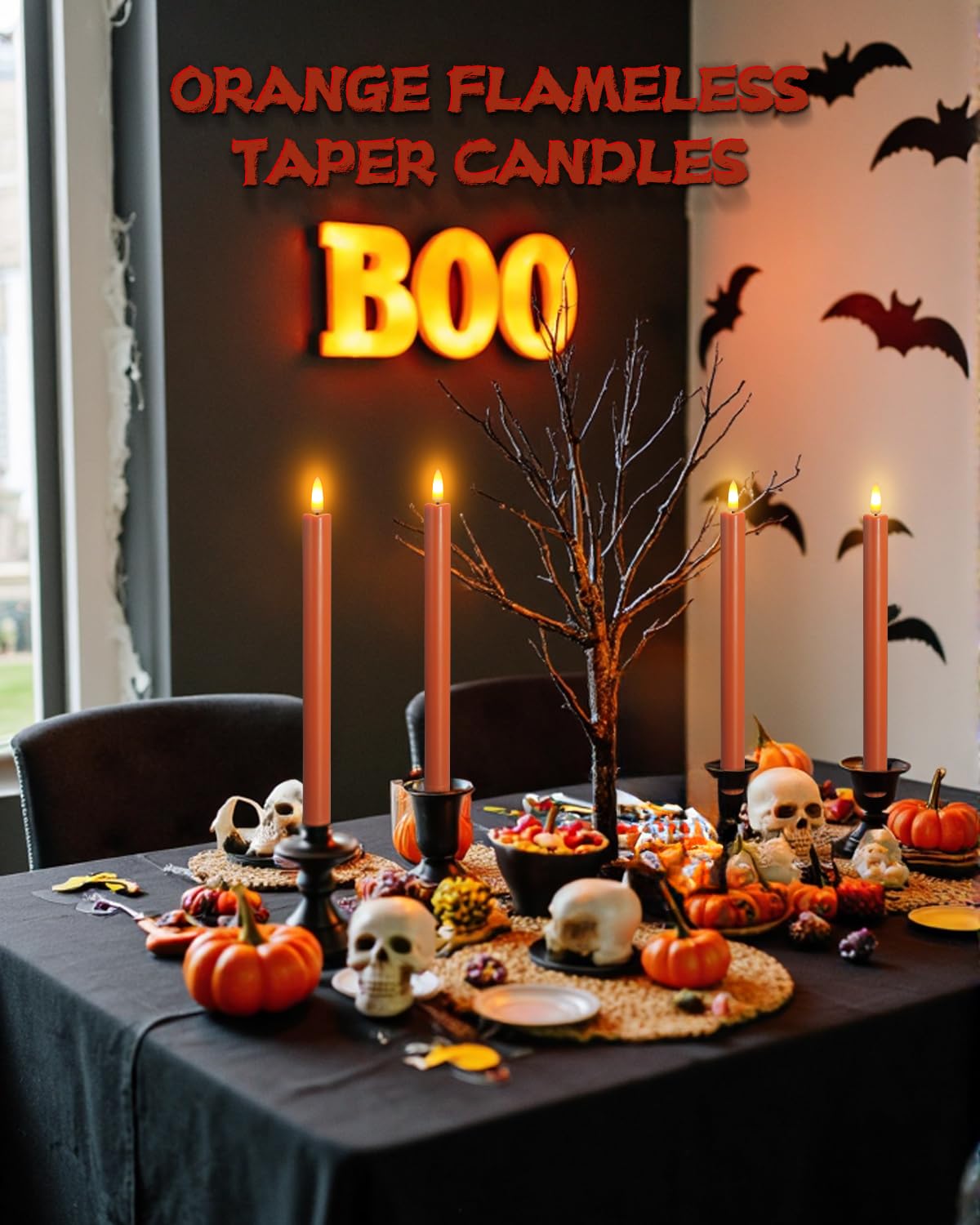 SUNGEGE Flameless Taper Candles, LED Flickering with 2 Remotes, Battery Operated for Halloween, Fall, and Thanksgiving Decorations,6 Pack of Orange