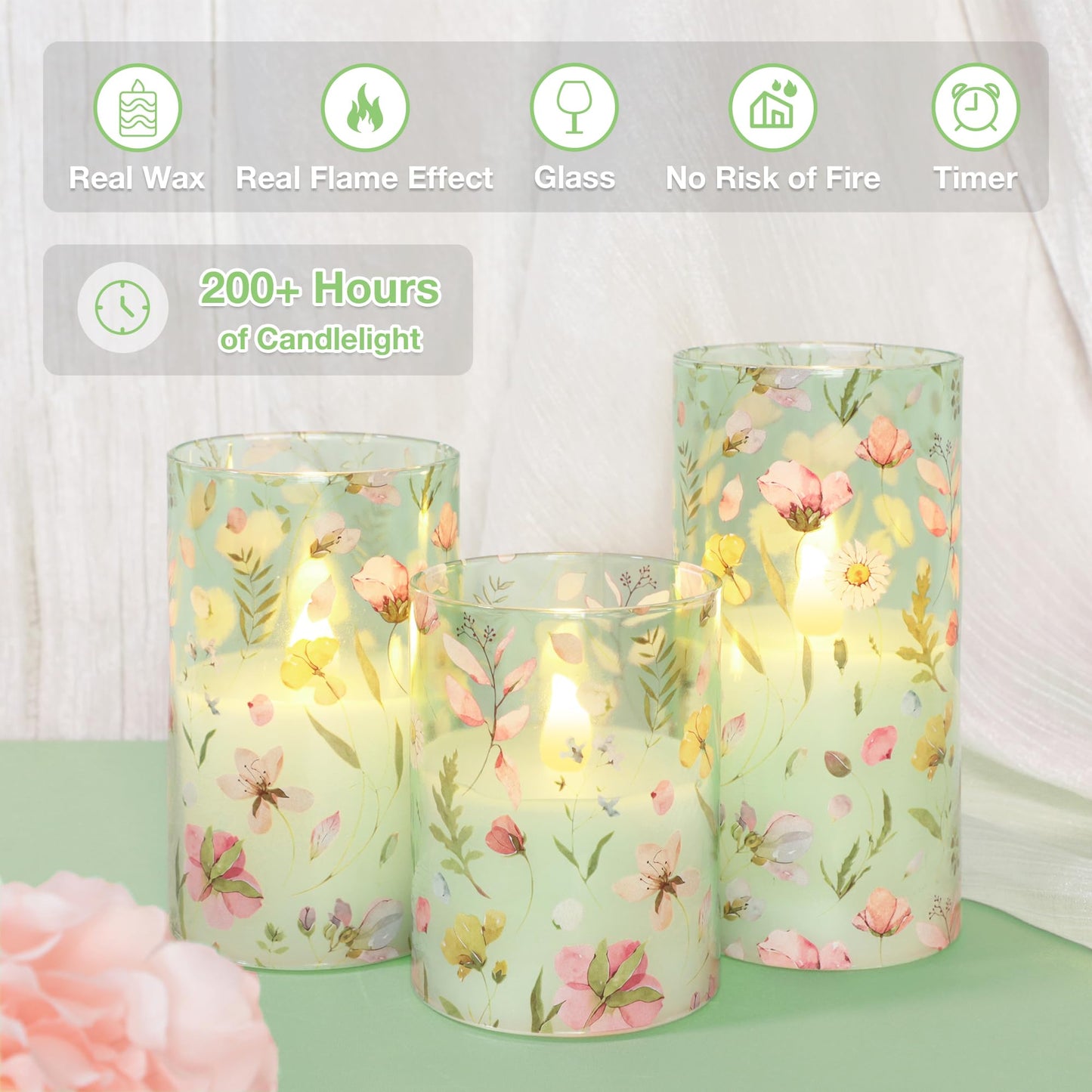 Silverstro Flameless Candles with Remote Timer, Glass Battery Operated LED Candles, Green Floral Design, Cylindrical Shape, Set of 3 for Home Party Wedding Decor