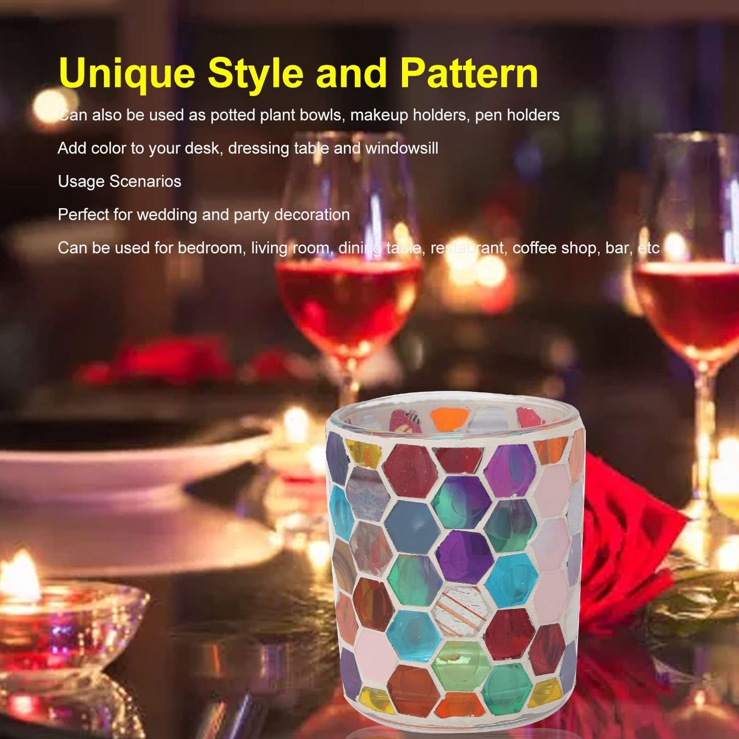 Votive Candle Holder, Glass Tealight Candle Holder with Mosaic Pattern Romantic for Essential Oil Diffuser, Table Centerpiece, Bath Decor