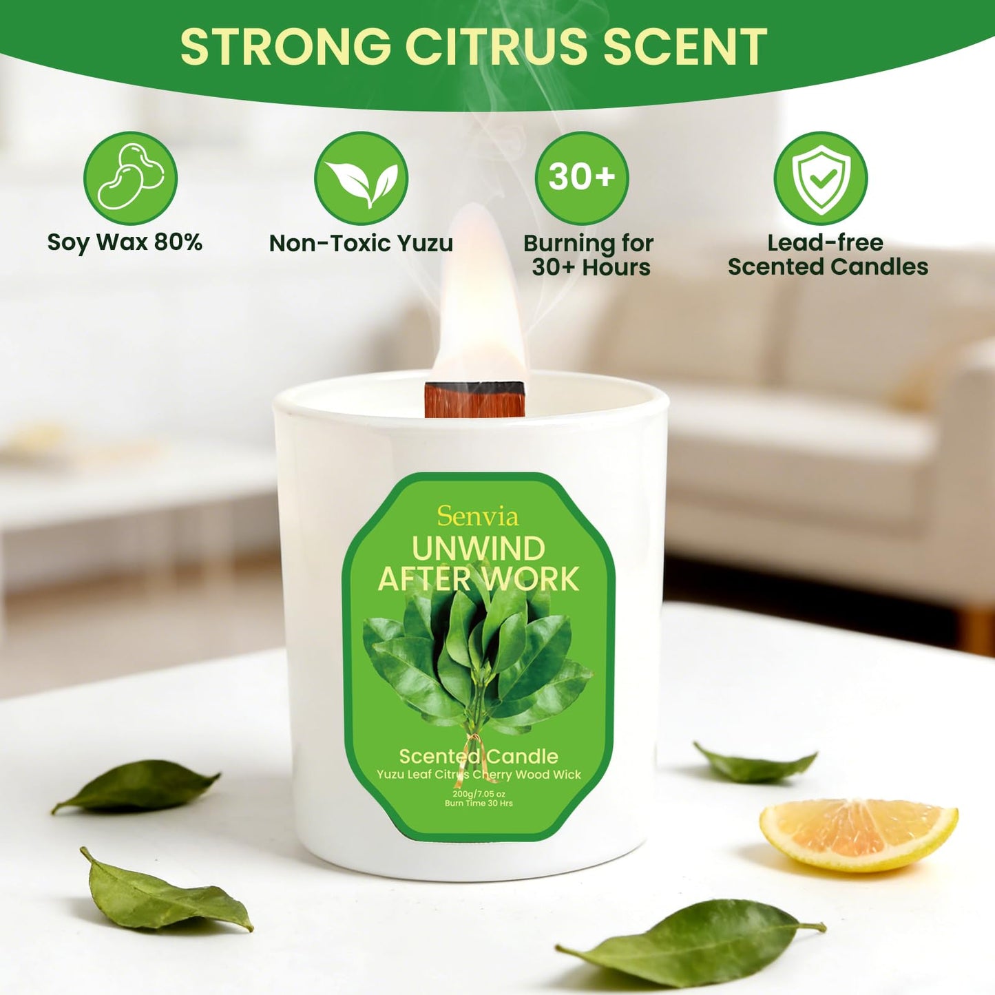 Senvia Crackling Wood Wick Candle - Yuzu Citrus Scented, Non Toxic, Clean Burn for Home Office, Long Lasting Strong Scent for Small to Medium Rooms, Stress Relief, Lead-Free