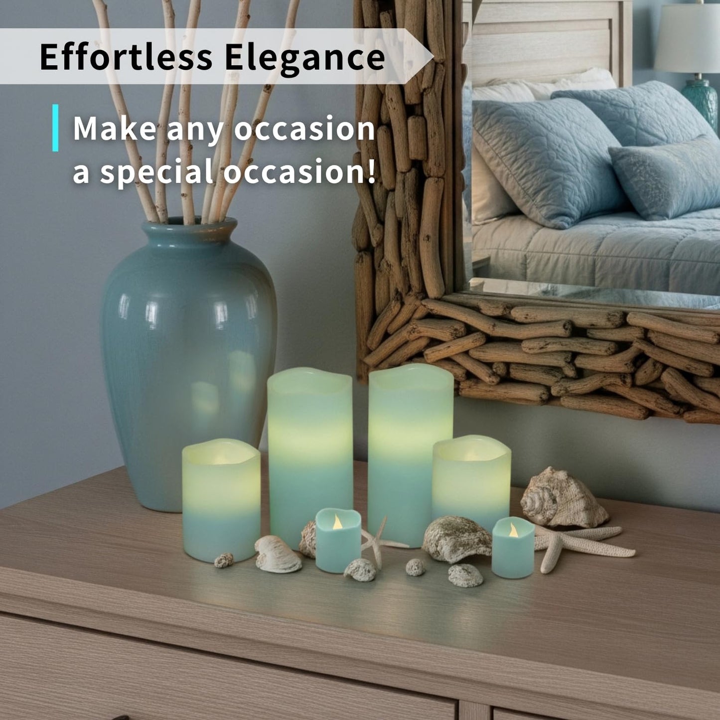 FURORA LIGHTING Blue Flameless Candles - Real Wax, Adjustable Brightness, Remote & Timer - 4 Pillars (3x4, 3x6) and 4 Votives, 8-Pack, Battery Operated