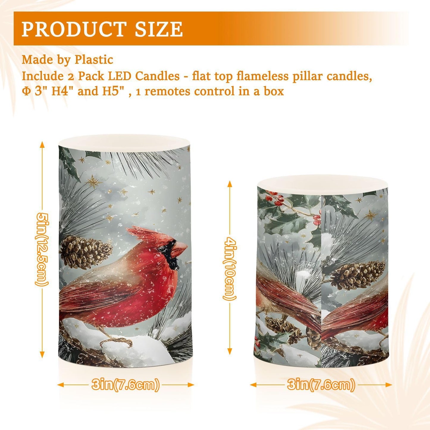 ALAZA Cardinals Perched Berry Flameless Candles Flickering LED Candles with Remote Timer Battery Operated Pillar Candles Set of 2 for Dinner Holiday Decor