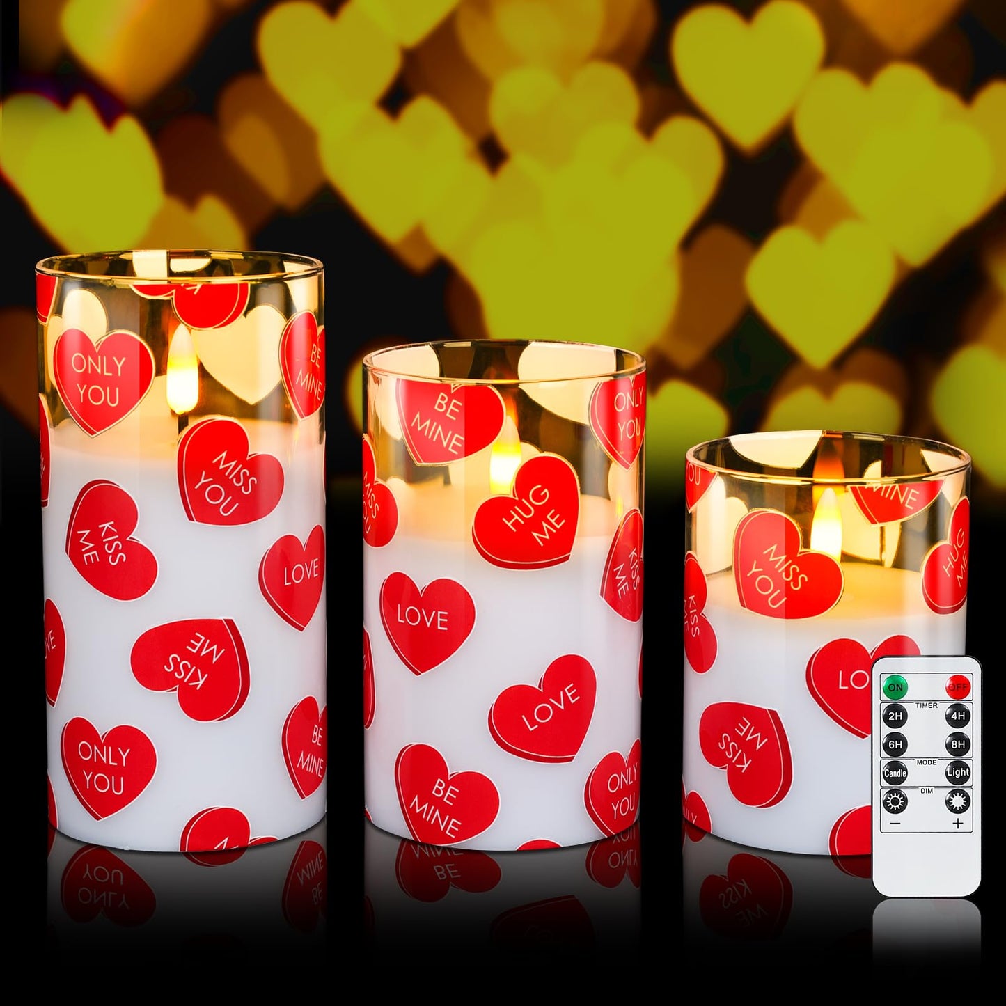 Lebaley 3PCS Valentine Flameless Candles with Remote,Valentine Candles,Love Heart Pillar Candle,Battery Operated LED Candles, Valentines Day Candles for Wedding Anniversary Romantic Night