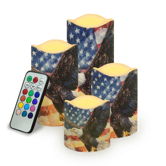 Uorisanigo American Flag Eagle Plastic Flameless Candles with Remote Control and Timer LED Flickering Battery Operated Color Changing Electric Pillar Candles for Table Patriotic Decoration