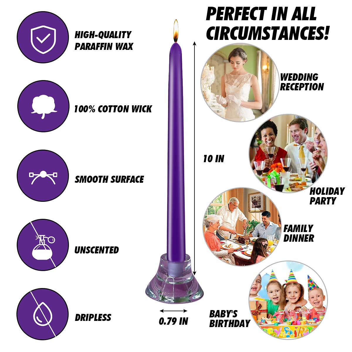 20 Pcs Purple Taper Candles for Home Decoration, 10×7/8 Inch Dripless Candlesticks, Great for Dinner Party Meditation and Emergency