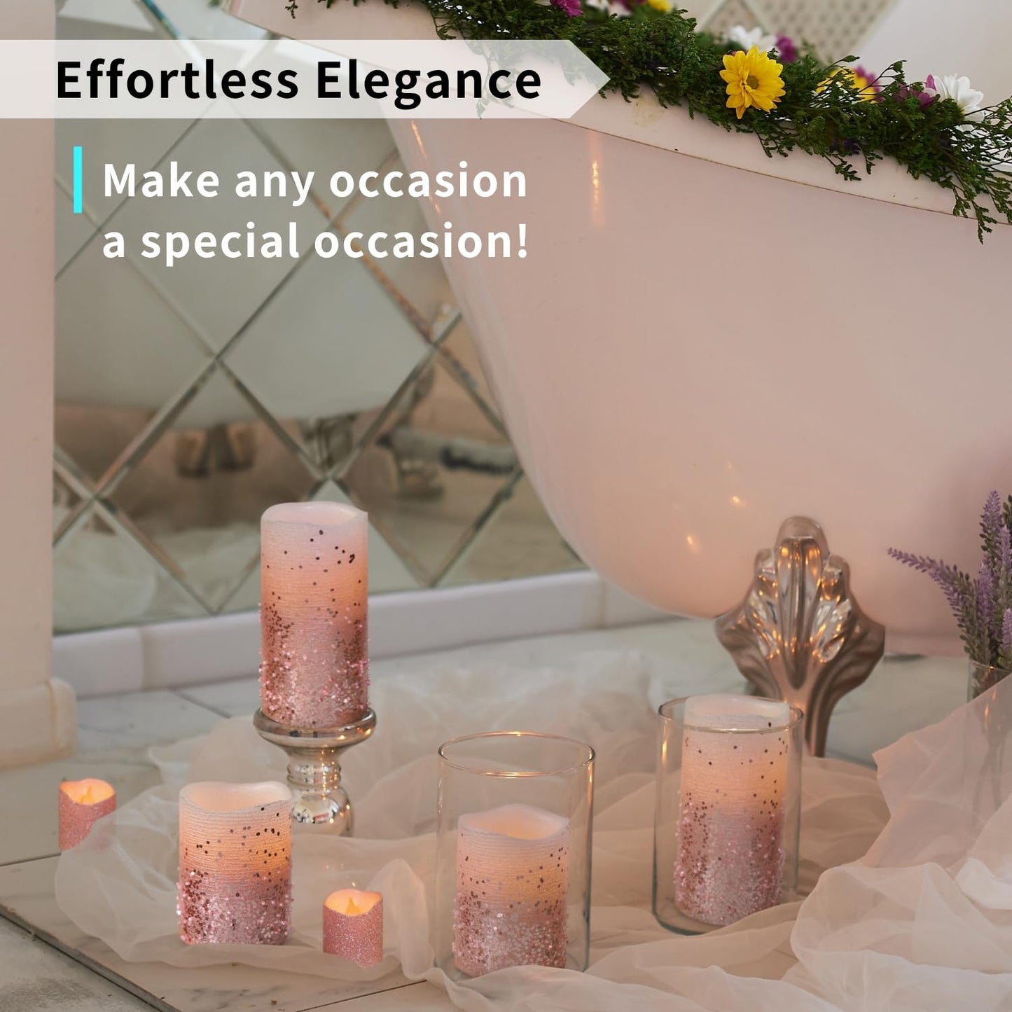 FURORA LIGHTING Pink Glitter Flameless Candles - Real Wax, Adjustable Brightness, Remote & Timer - 4 Pillars (3x4, 3x6) and 4 Votives, 8-Pack, Battery Operated