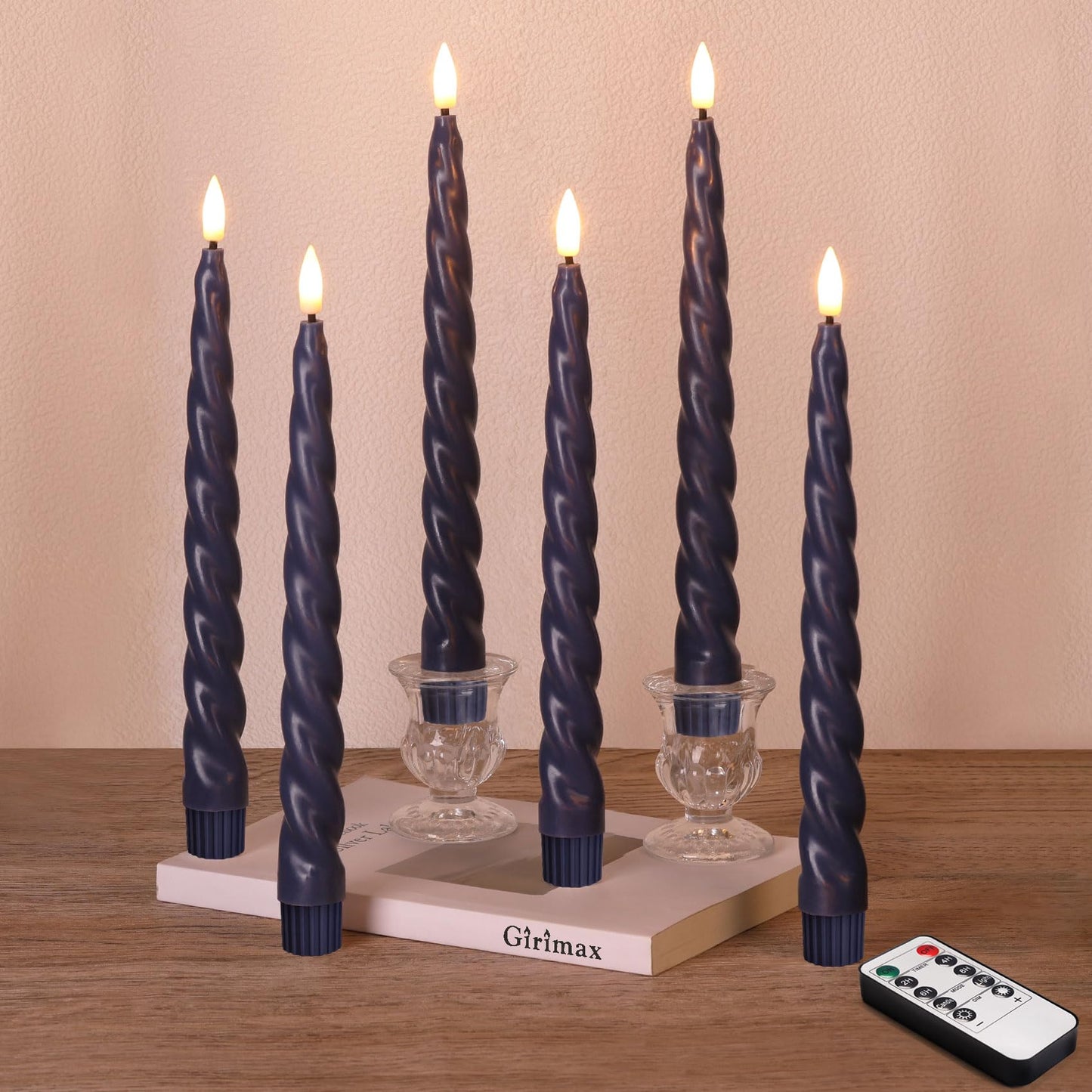 Girimax Spiral Flameless Taper Candles with Remote, Navy Blue Candles Battery Operated, Flickering LED Wax Candlesticks Set of 6