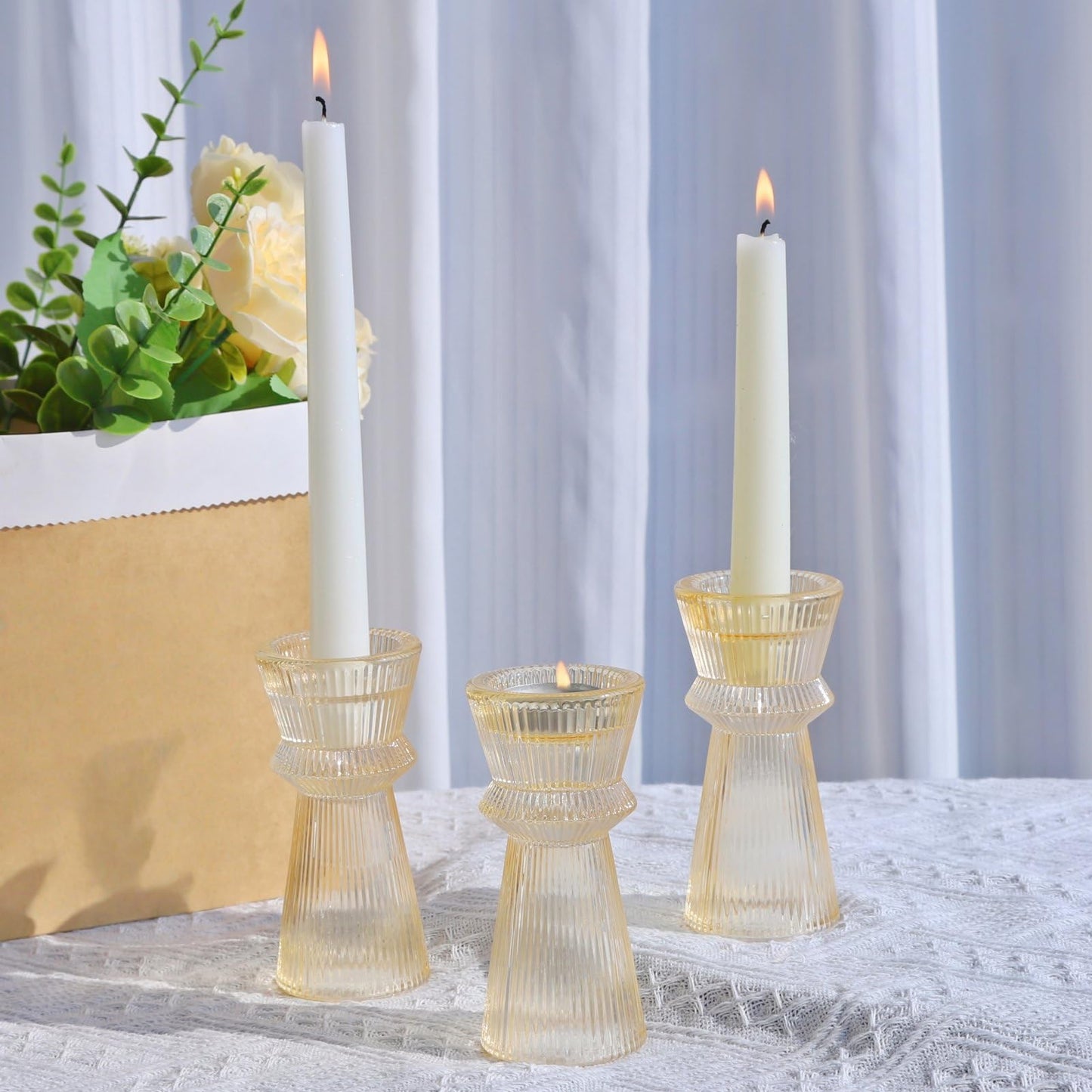 VOHO Gold Candlestick Holders for Holiday Decor, Set of 3 Ribbing Glass Taper Candle Holders Classy for Wedding Christmas Table Centerpieces, Gold Candle Holders for Candle Sticks & Tealight Candles