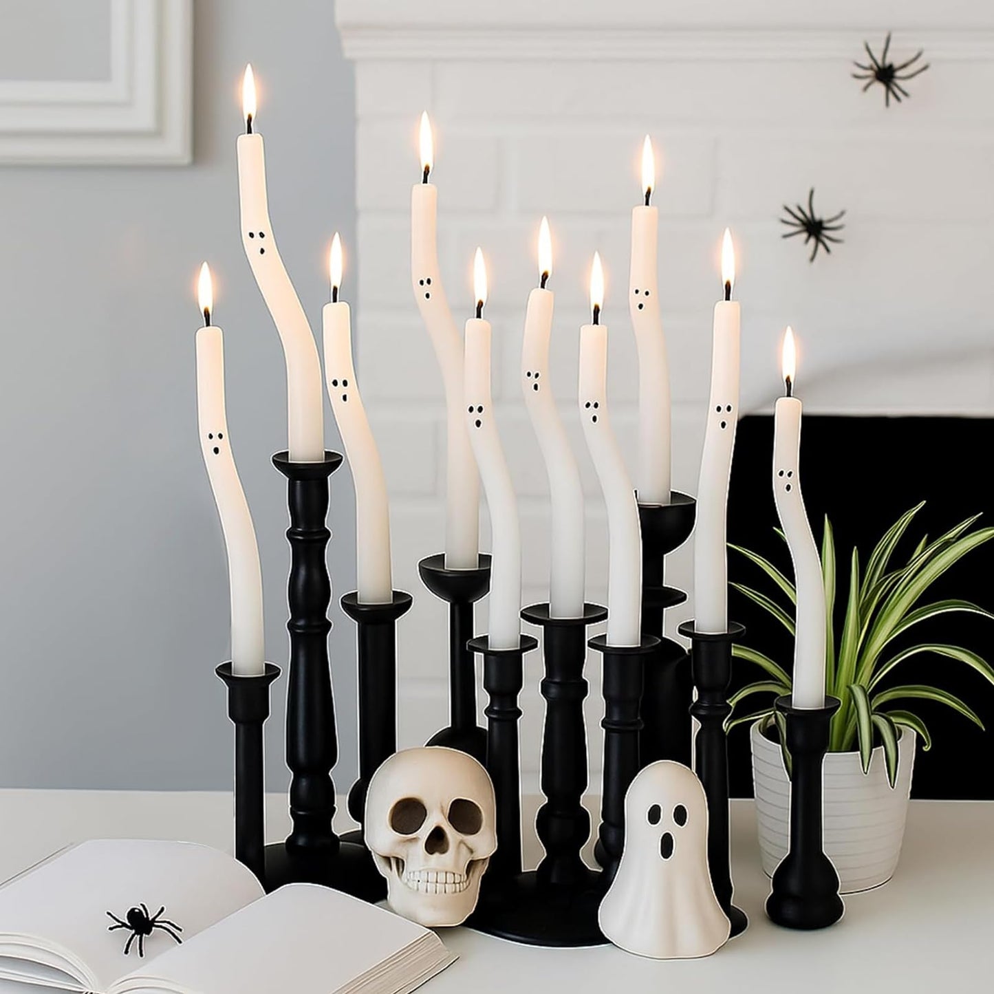 Nuanchu 10 Pcs Halloween Ghost Taper Candles Spiral Unscented White Candles Realistic Twisted Halloween Decor for Home Table Ghost Spooky Decorations Party Supplies(Candlesticks Not Included)