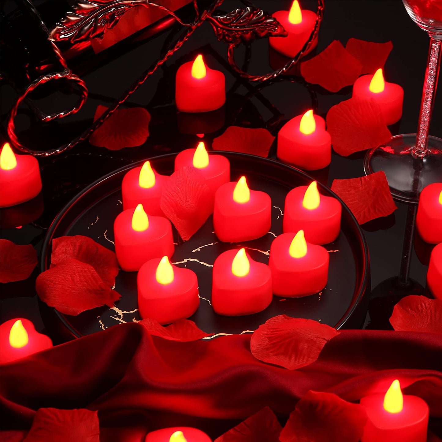 Honoson 1000 Pieces Artificial Rose Petals with 24 Pcs Flameless Heart Shaped LED Tealights Candles Special Romantic Night Decorations for Proposal Wedding Anniversary Table Decor(Red)