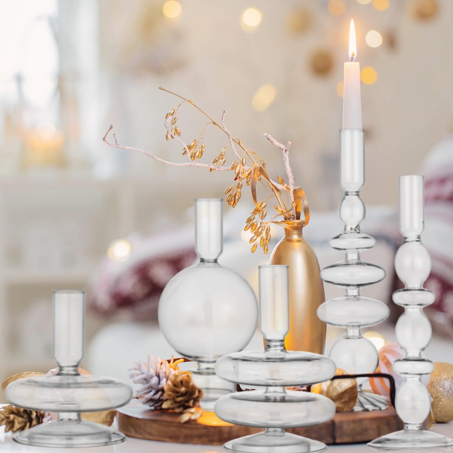Rtteri 5 Pcs Glass Candlestick Holders Colorful Glass Taper Candle Stand Groovy Candlestick Wavy Boho Chic Clear Bases Holders Elegant Vase for Home Party Centerpiece(Clear)
