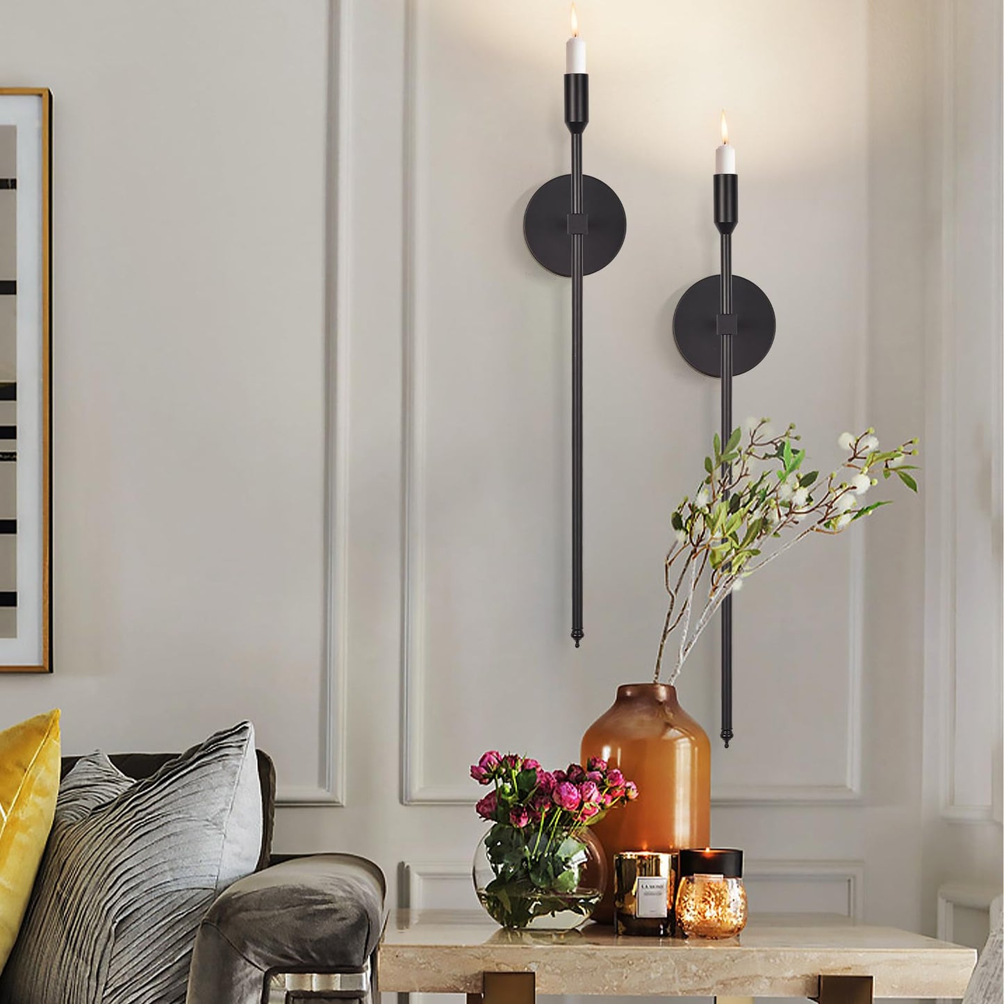 Black Candle Sconces Long Wall Candle Holder, Set of 2 Large Wall Candle Sconce Modern Chic Home Decor for Bedroom, Dining Room, Living Room 23"