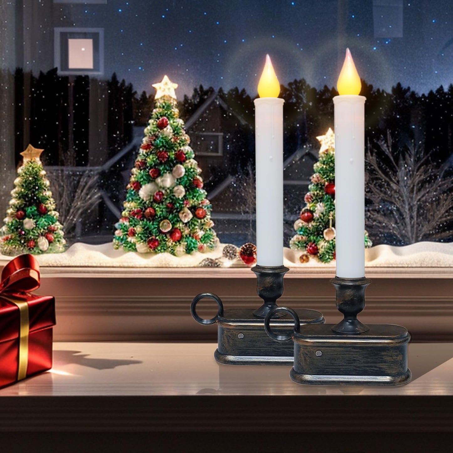 ZAXIFLY Set of 4 Battery-Powered Christmas Window Candles,9 Inch LED Flameless Taper Lights with Dusk to Dawn Sensor, Antique Bronze Base,for Holiday Decor