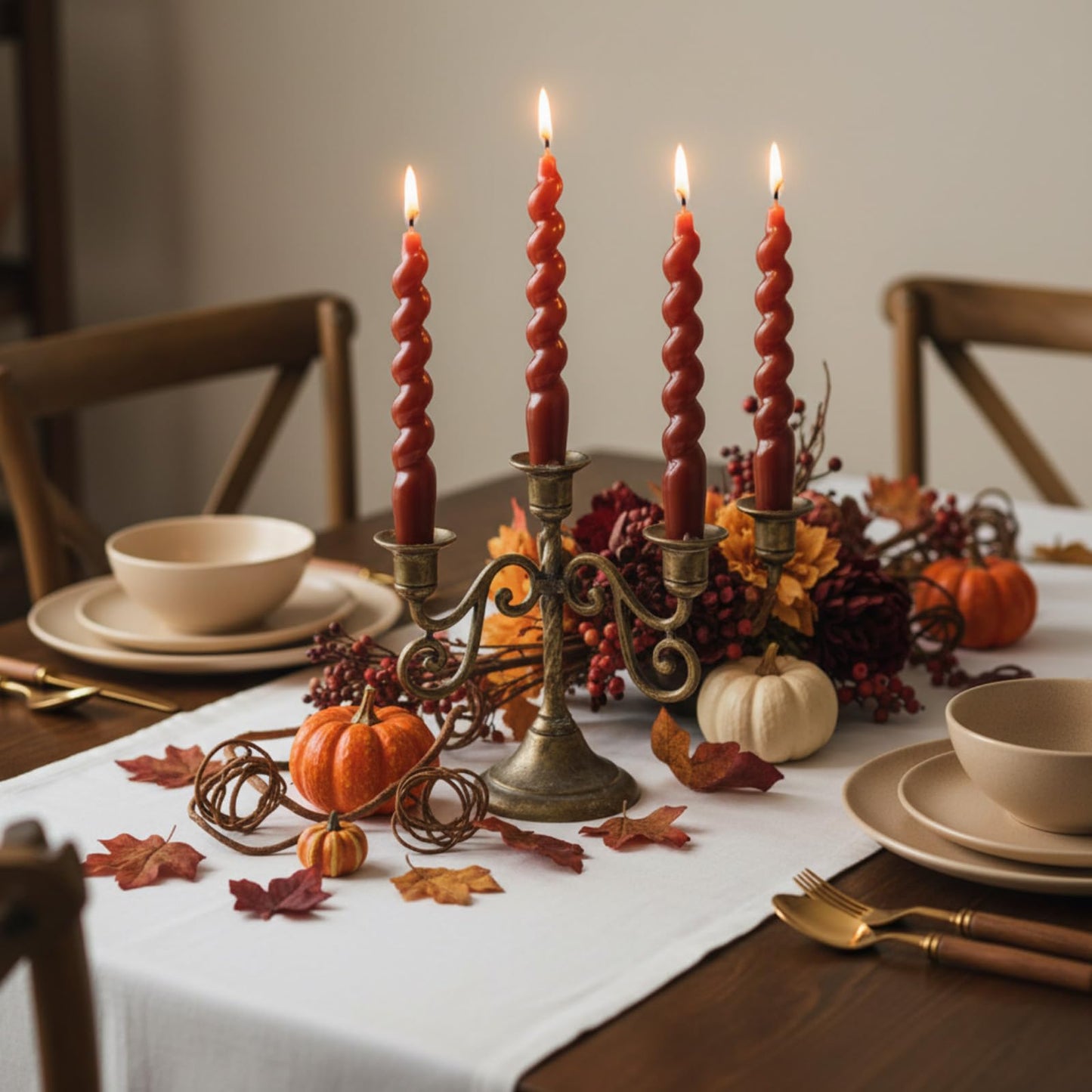 Zhengmy 4 Pcs Terracotta Spiral Taper Candle 7 Inch Twisted Long Wax Dinner Candlestick for Fall Halloween Christmas Holiday Valentines Wedding Birthday Baby Shower Table Decor(Solid)