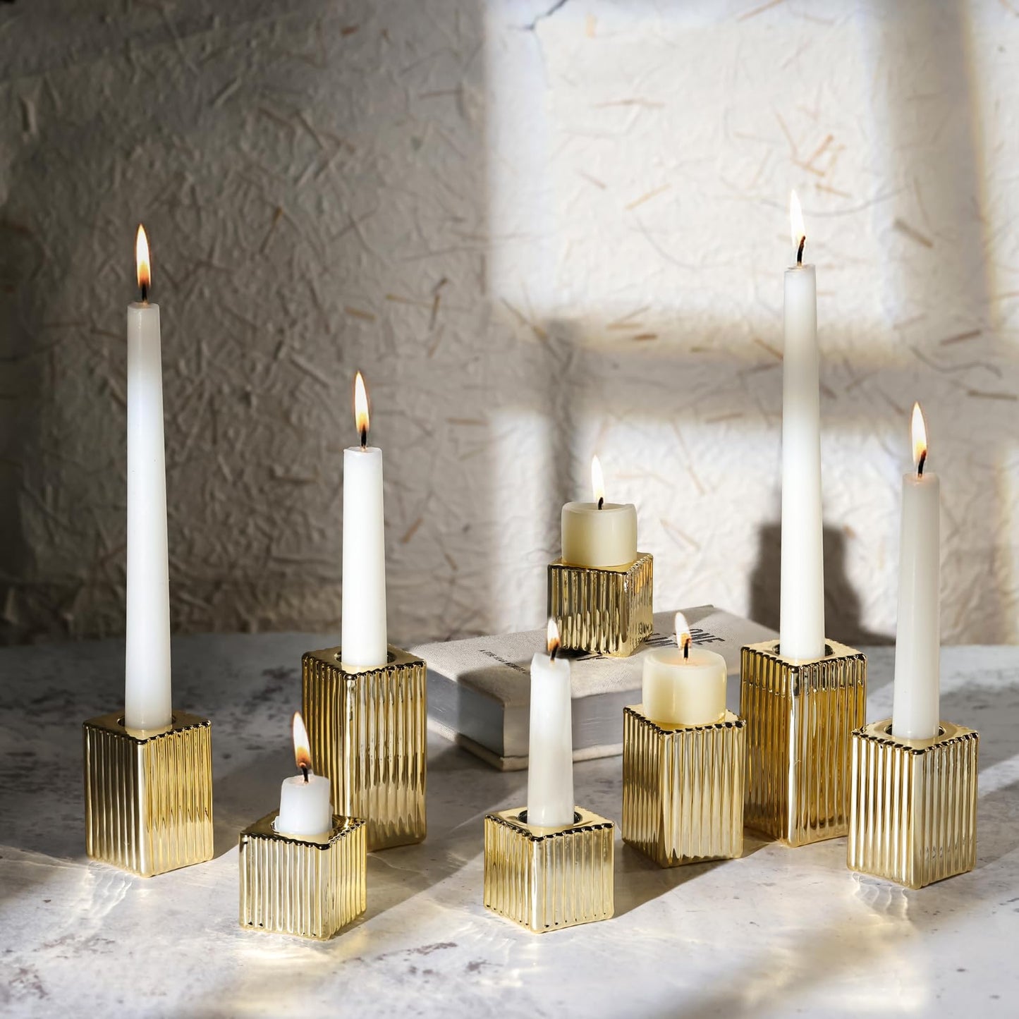 LETINE 12pcs Gold Vertical Stripe Glass Candlestick Holders - Chic Taper Candle Sticks Holder Set for Elegant Dining & Home Decor - Wedding Centerpieces, Parties, and Celebrations