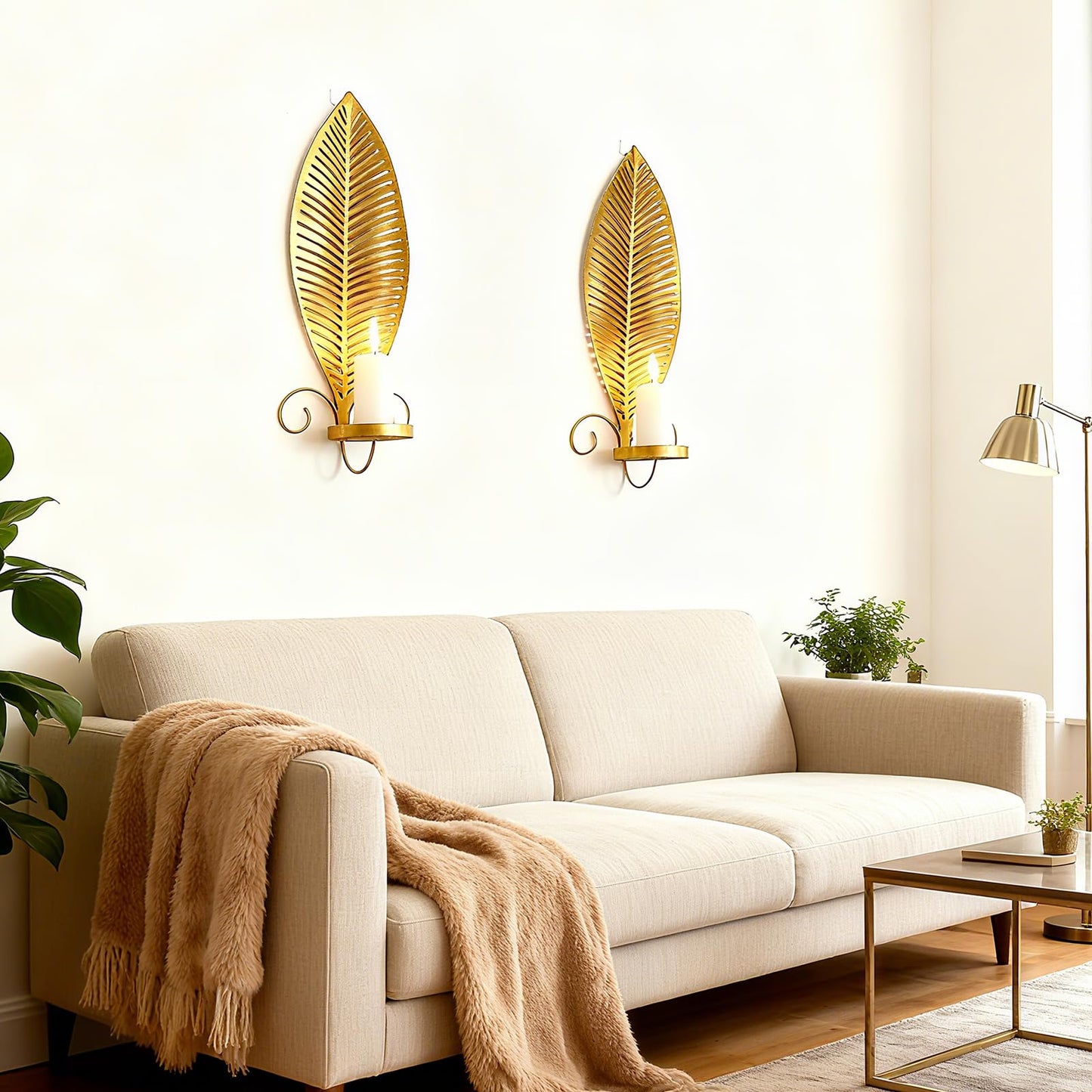 Farmhouse Wall Candle Sconces Vintage Metal Leaf Candle Holder, Set of 2 Wall Candlestick Mounted for Hallway Fireplace Bedroom Living Room (Gold)