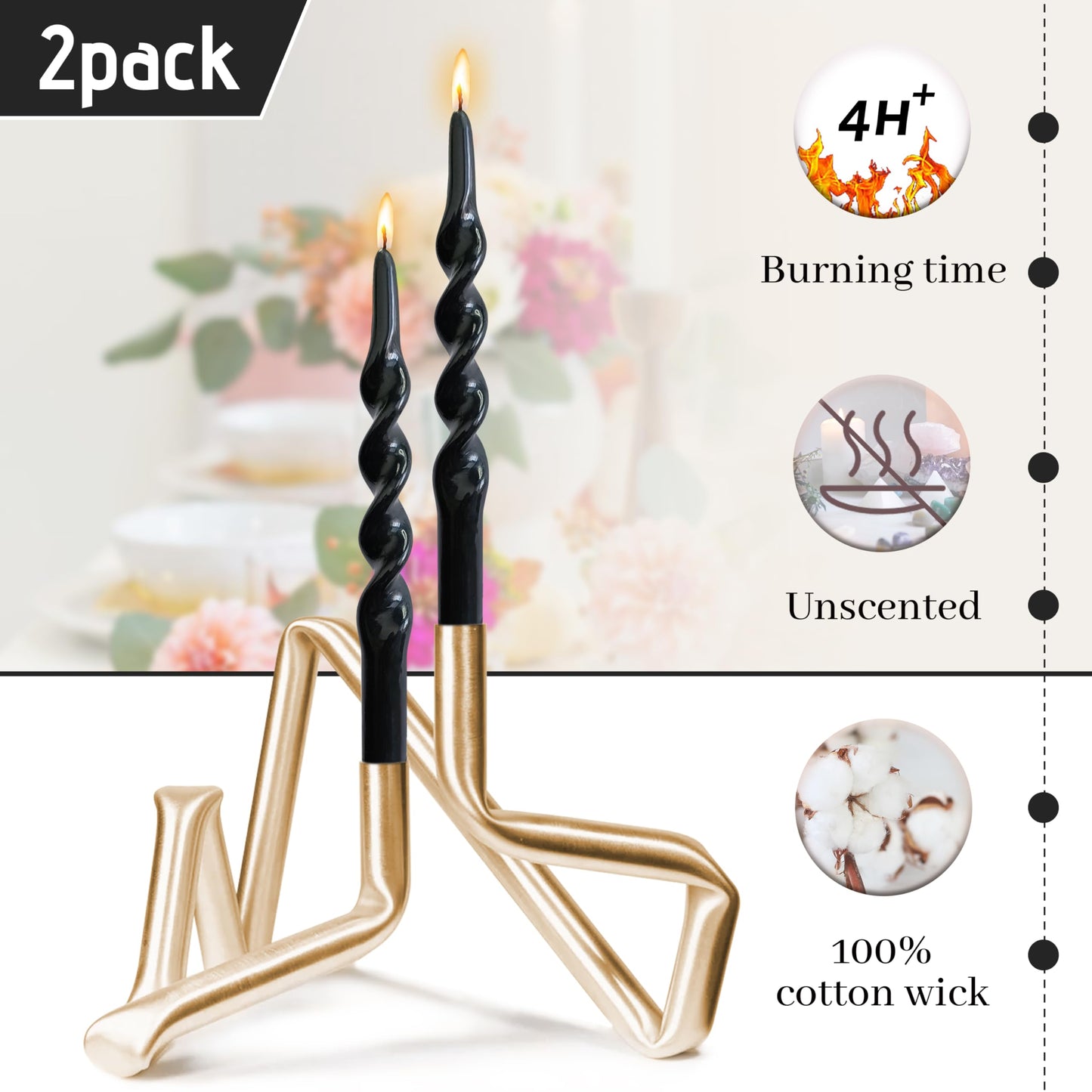 BALEAGCDL Twisted Taper Candle Black Spiral Candlesticks 10 Inch Unscented Handmade Smokeless Dinner Candles Set for Holiday Wedding Party Gift Home Decoration