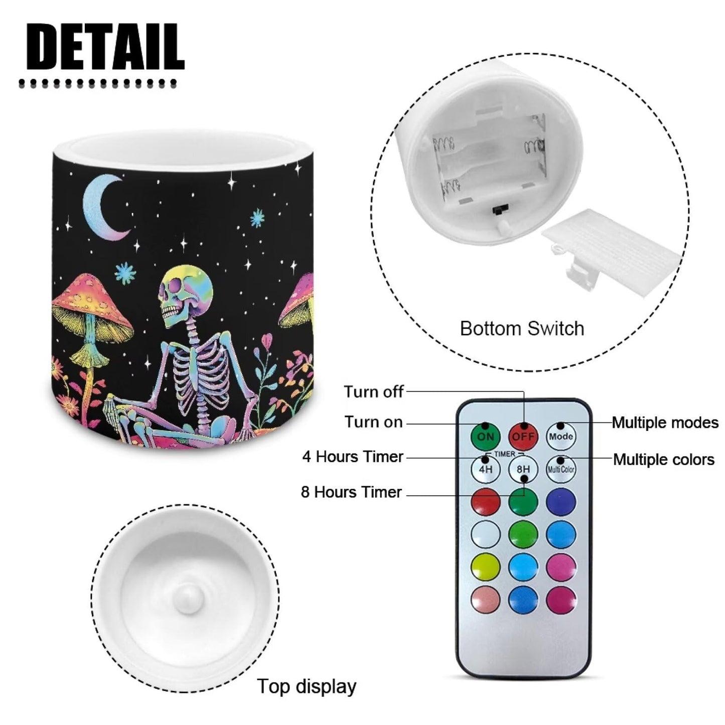 Merkmak Flickering Flameless Candles with Remote Battery Operated Candles with Timer Control 4Pcs LED Pillar Tea Lights for Party Banquet Home Decor, Skeleton Mushroom Moon