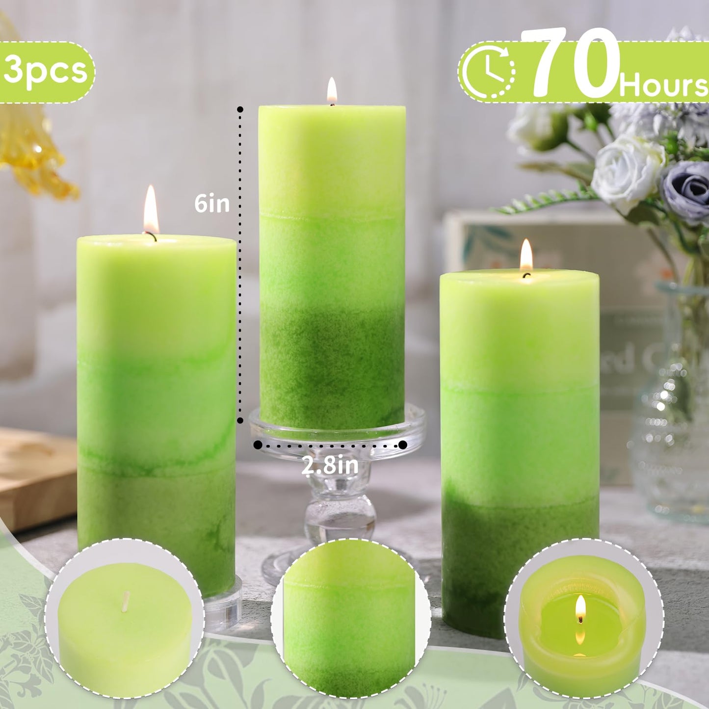 Sage & Citrus Scented Pillar Candles, 2.8x6 Inch Green Pillar Candle Natural Fragrance Candles 210H Long Burning Smokeless Pillar Candle for St. Patrick's Day Home Decor Wedding, 3 Pack
