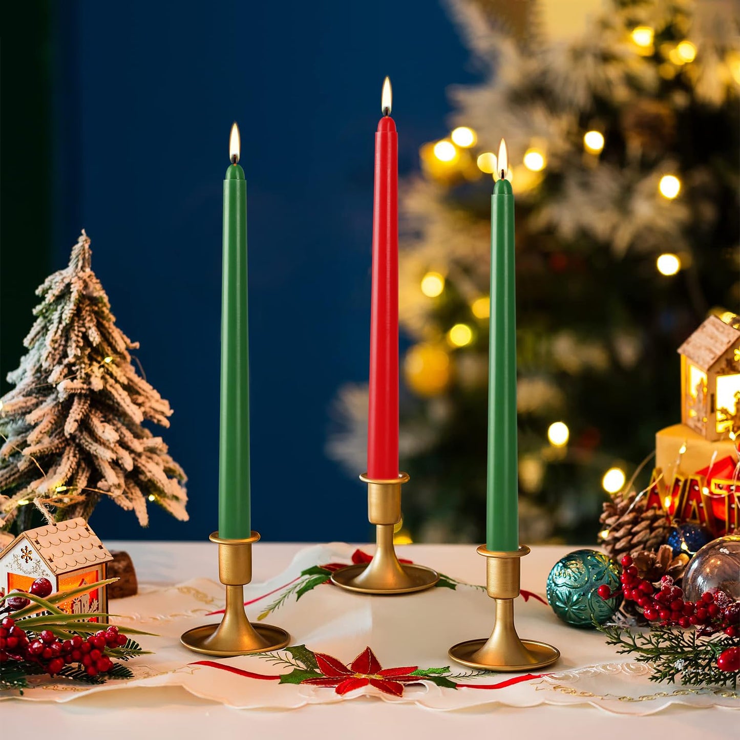 12-Pack 10-Inch Green & Red Christmas Taper Candles - Perfect for Holiday Decorations and Parties