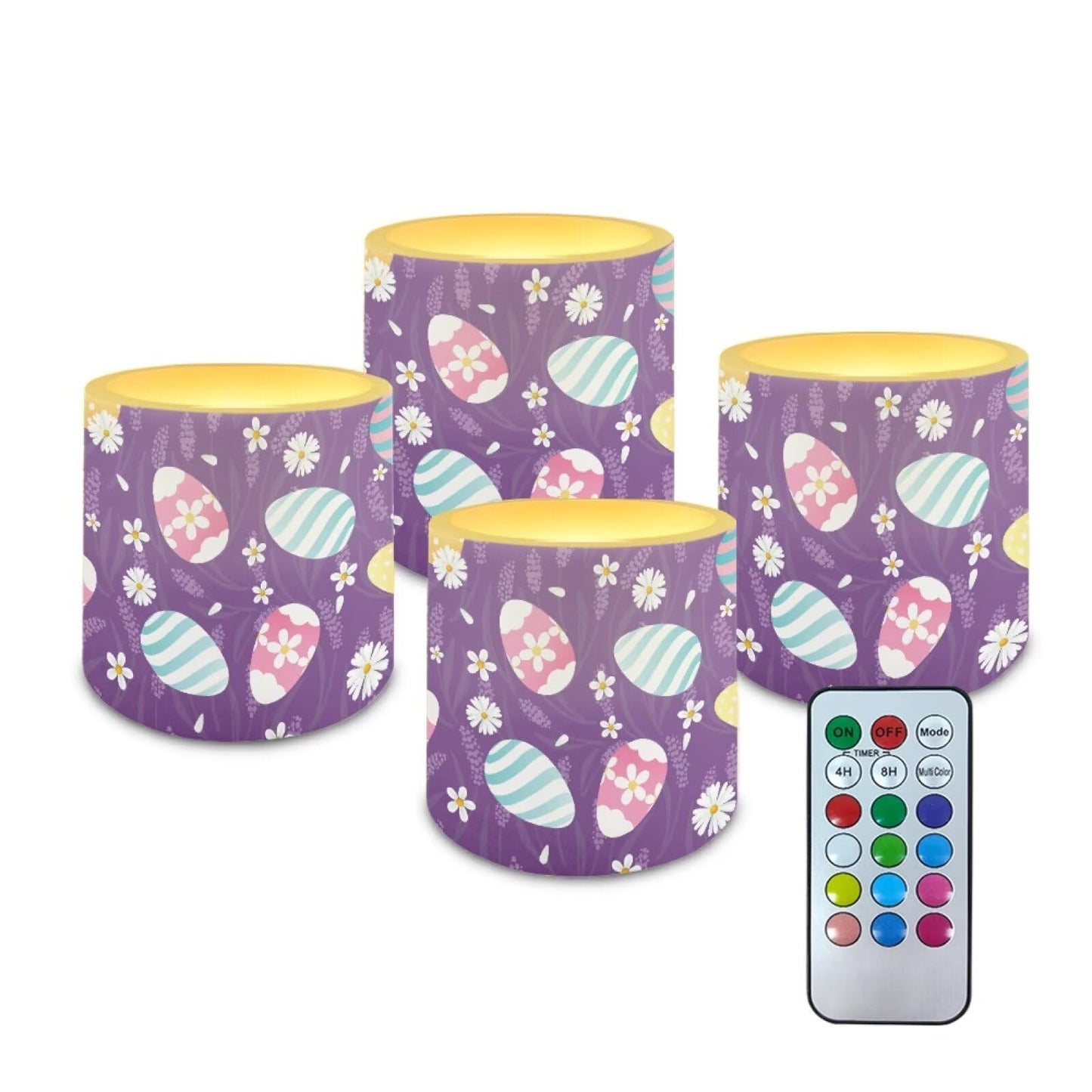 Merkmak Daisy Easter Egg Flameless Candles with Remote Battery Operated Candles with Timer 4 Pack Flameless Pillar Tea Lights Bulk for Indoor Outdoor Easter Day Party Decorations