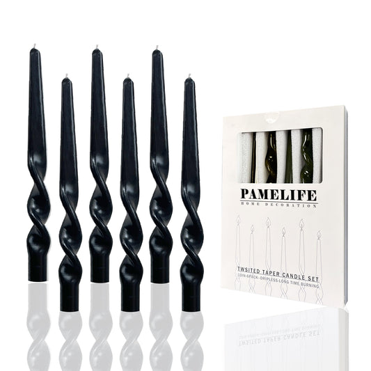 PAMELIFE Spiral Taper Candles - Set of 6 Twisted Candle 9.5 Inch Tall for Home Decoration Holiday Wedding Party (Black)