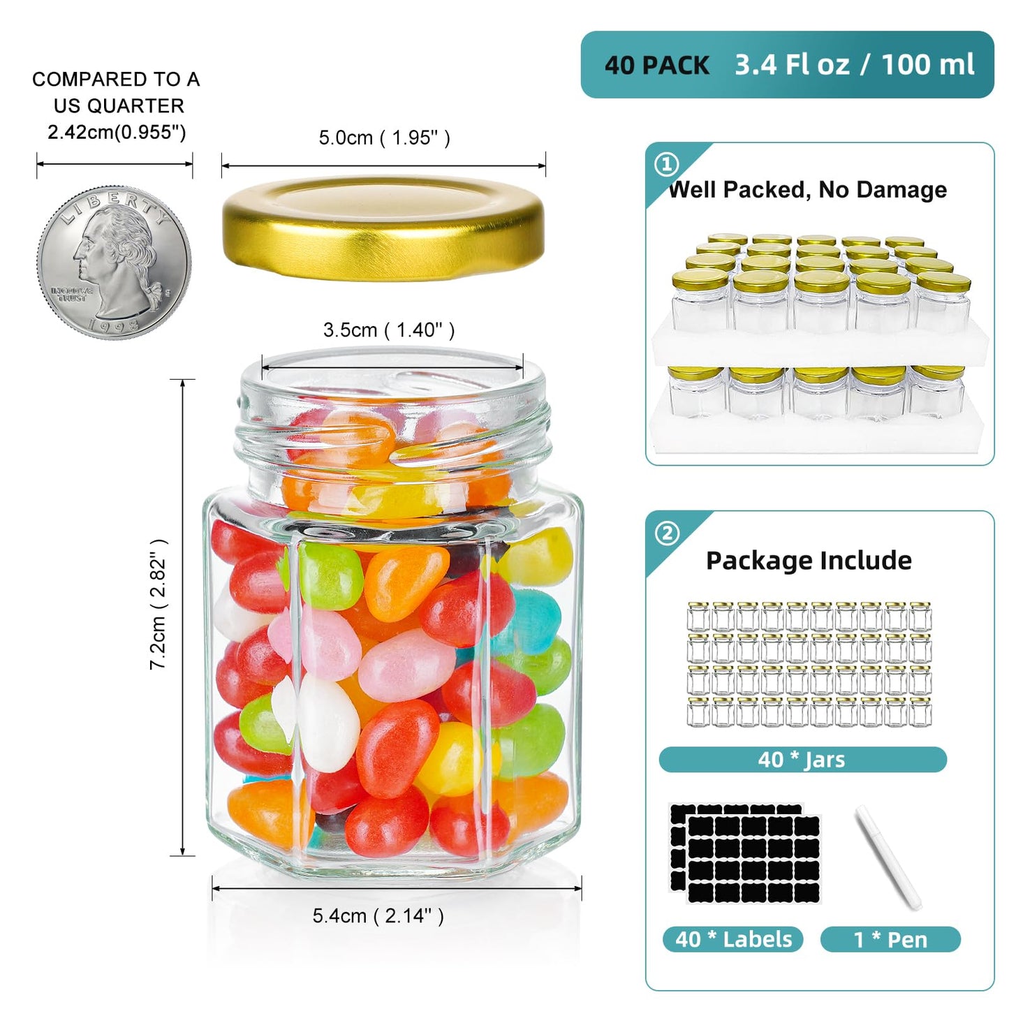 Ritayedet 40 Pack Small Glass Honey Jars with Lids for Wedding Favor, Baby Showers, 3 Oz Airtight Glass Canning Jars with Lids, Candle Jars for Spice, Candy, Jam, Waterproof Stickers