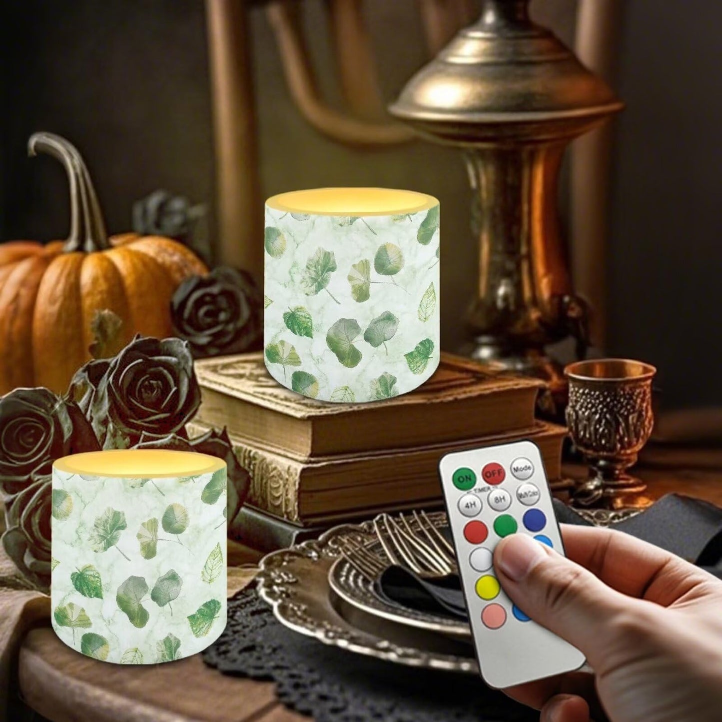 NETILGEN Green Leaf 3 inch Flameless LED Candles with Remote Timer Set of 4 Home Decorative Realistic Flickering Flameless Candles with Battery Powered