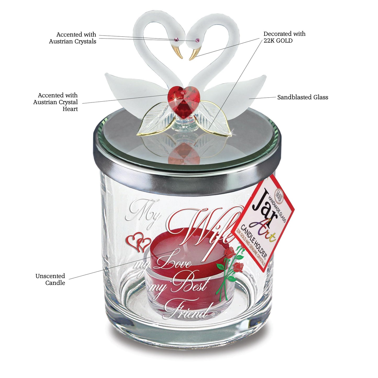 Glass Baron Candle Holder Jar, Blown Glass Swans in Love Lid with 22K Gold & Austrian Crystal Accents, 5.5 x 3 inches