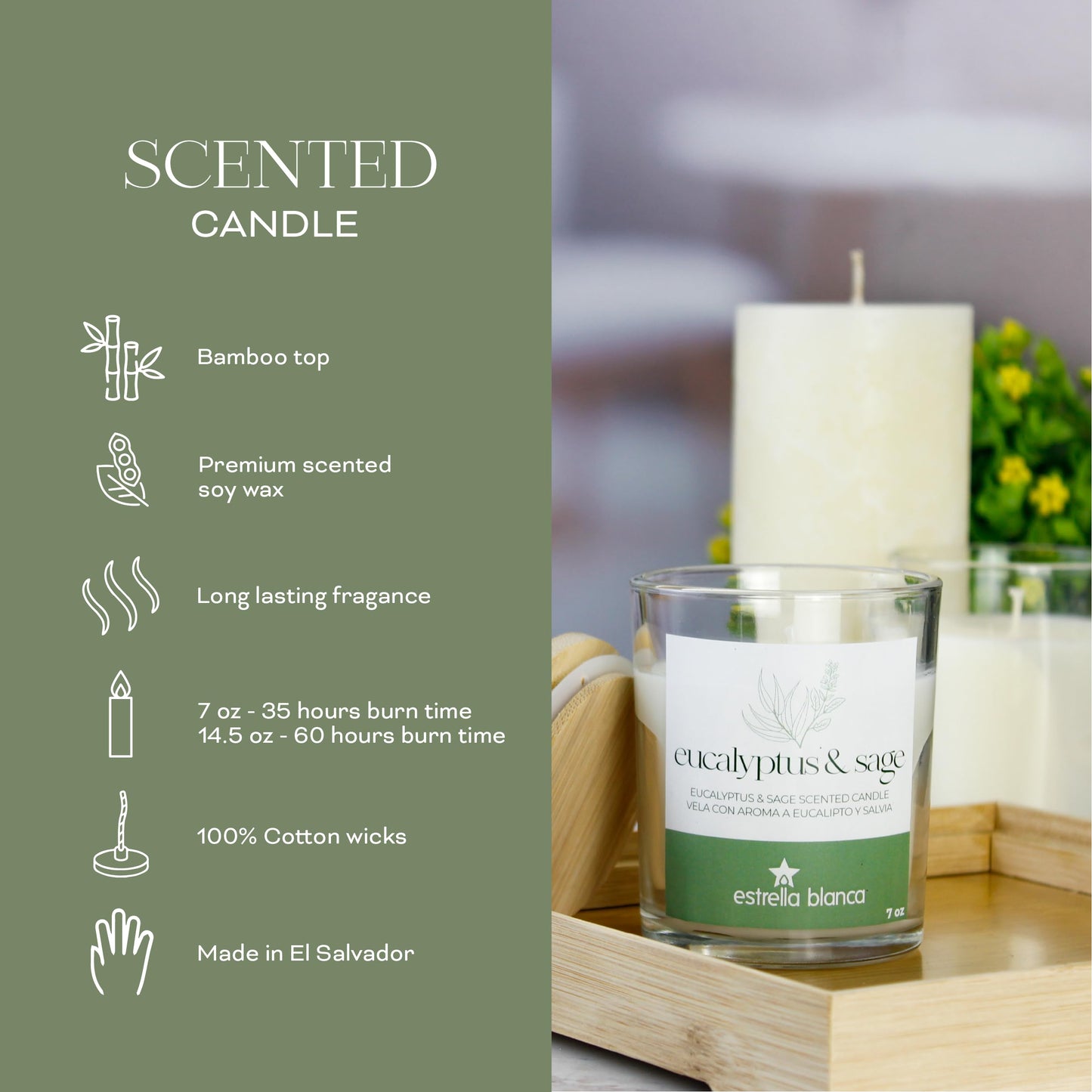 Estrella Blanca Eucalyptus Sage Scented Candles, 14.5 oz 3 Wick Candle, Large Jar, Long Lasting Burn, Fresh Herbal Aroma for Relaxation, Spa, Home Décor, Living Room, Bedroom, or Gift