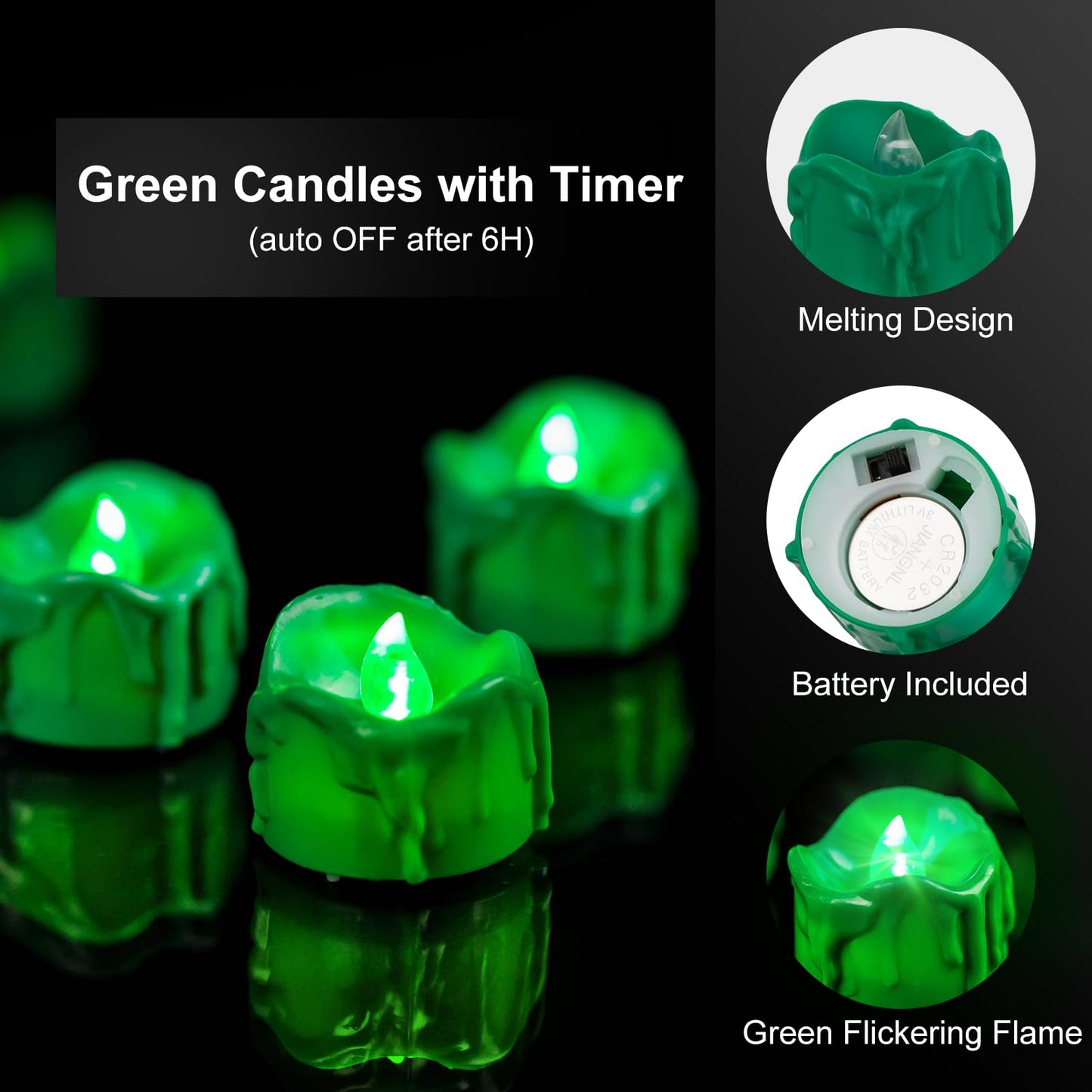 Windshell Green Flickering Flame Tealight Candles with Auto 6H Timer (No Remote), Battery Operated LED Flameless Tea Lights with Melting Design, for St Patrick Halloween Christmas, 12 Pack