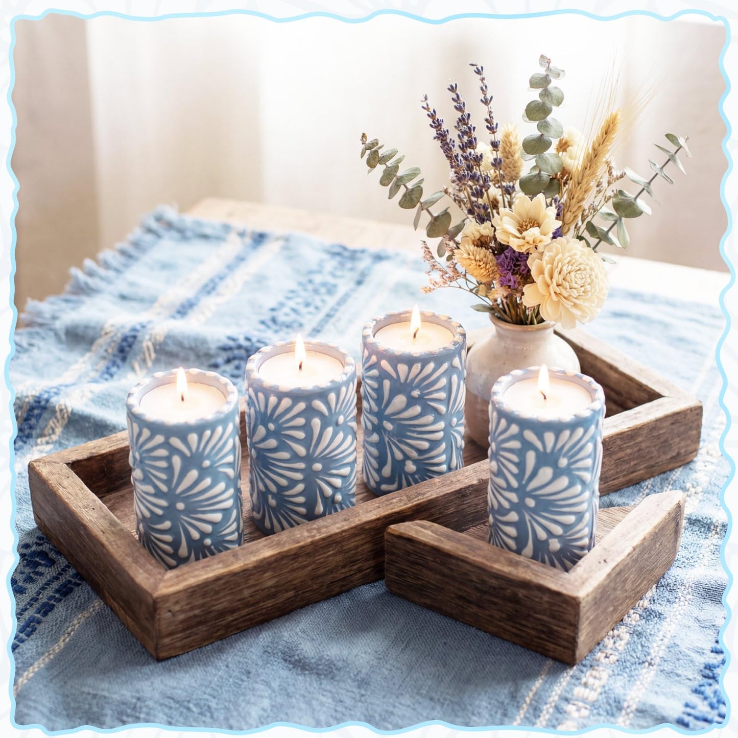 Lounsweer 4 Set Cielito Lindo Party Decorations Mexican Tequila Candle Talavera Mugs Candle for Fiesta Cinco De Mayo Birthday Bridal Shower Bachelorette May 5th Party Home Decor(Blue)