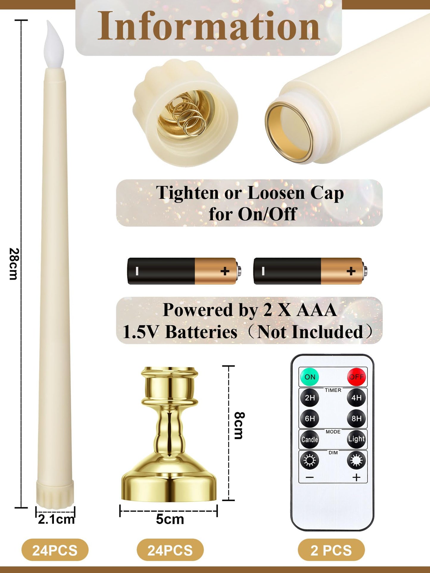 VIHOSE 24 Pcs Flameless Taper Candles with Holders Remote Timer Battery Operated Candles Bulk LED Candlesticks Flickering for Valentines Wedding Home Window Carnival Party Decor(Gold,Classic Style)