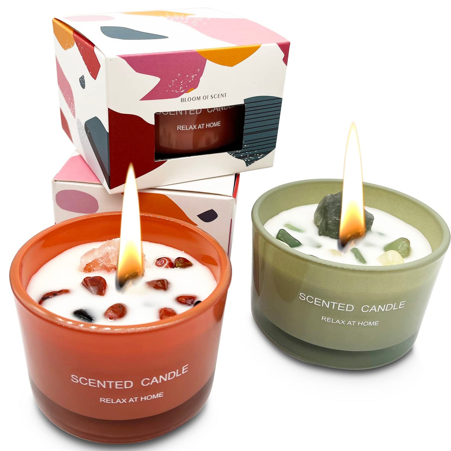 Healing Crystal Candles Chakra Jar Candle Soy Candle Gifts for Women Scented Candle Set 2 Pack Green and Orange