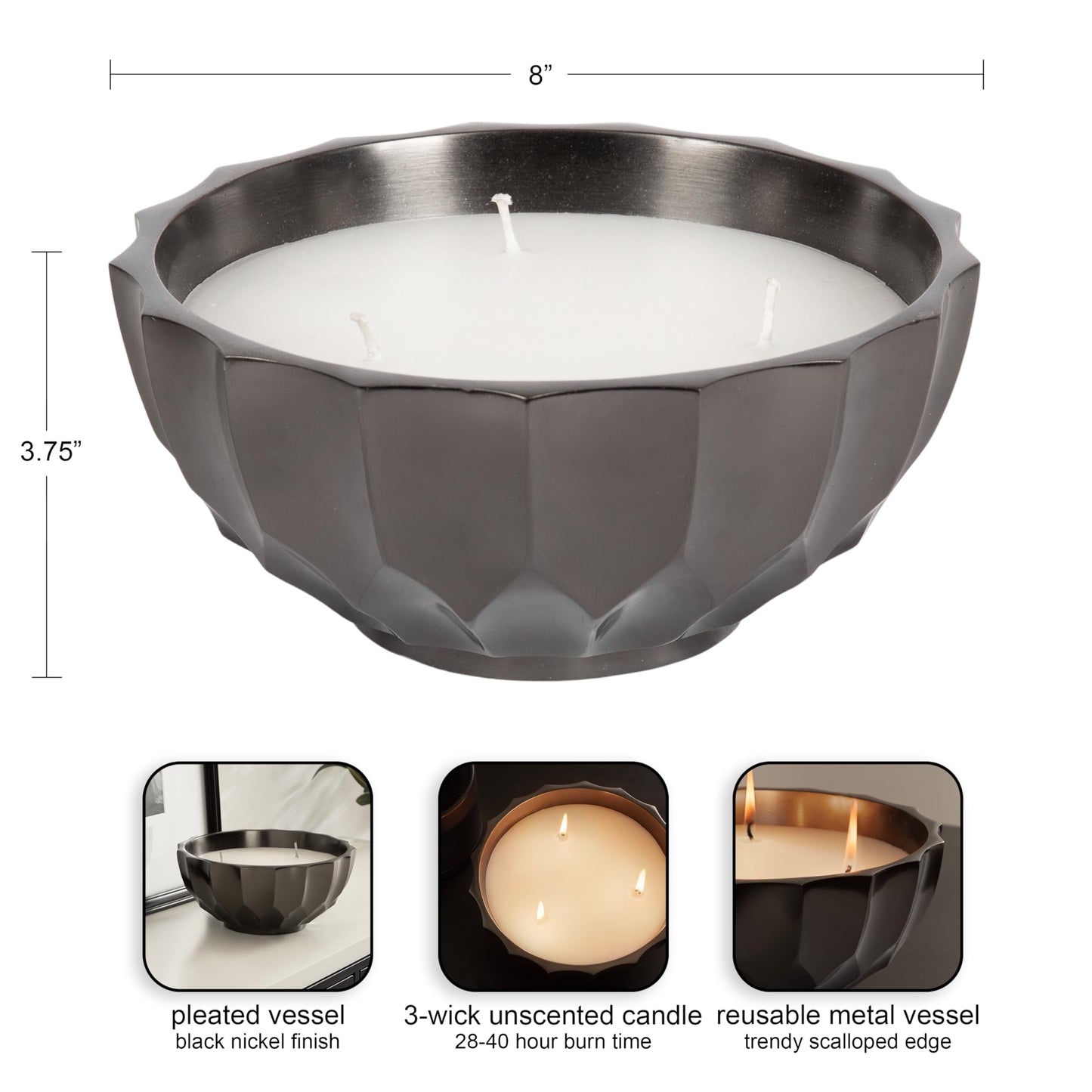 Kate and Laurel Plete Round Pleated Metal Candle Bowl, 8 Inch Diameter, Black Nickel, Modern Scalloped Three-Wick Unscented Candle with Decorative Bowl for Living Room Decor
