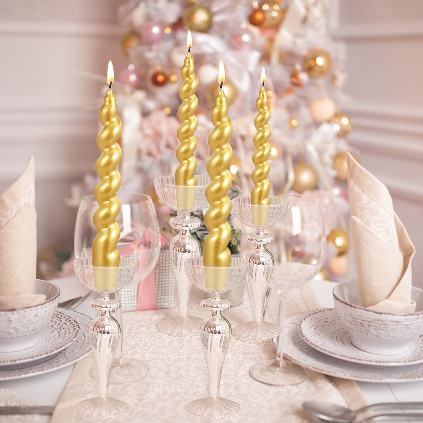 Zhengmy 4 Pcs Gold Spiral Taper Candle 7 Inch Twisted Long Wax Dinner Candlestick for Fall Halloween Christmas Holiday Valentines Wedding Birthday Baby Shower Table Decor(Solid)