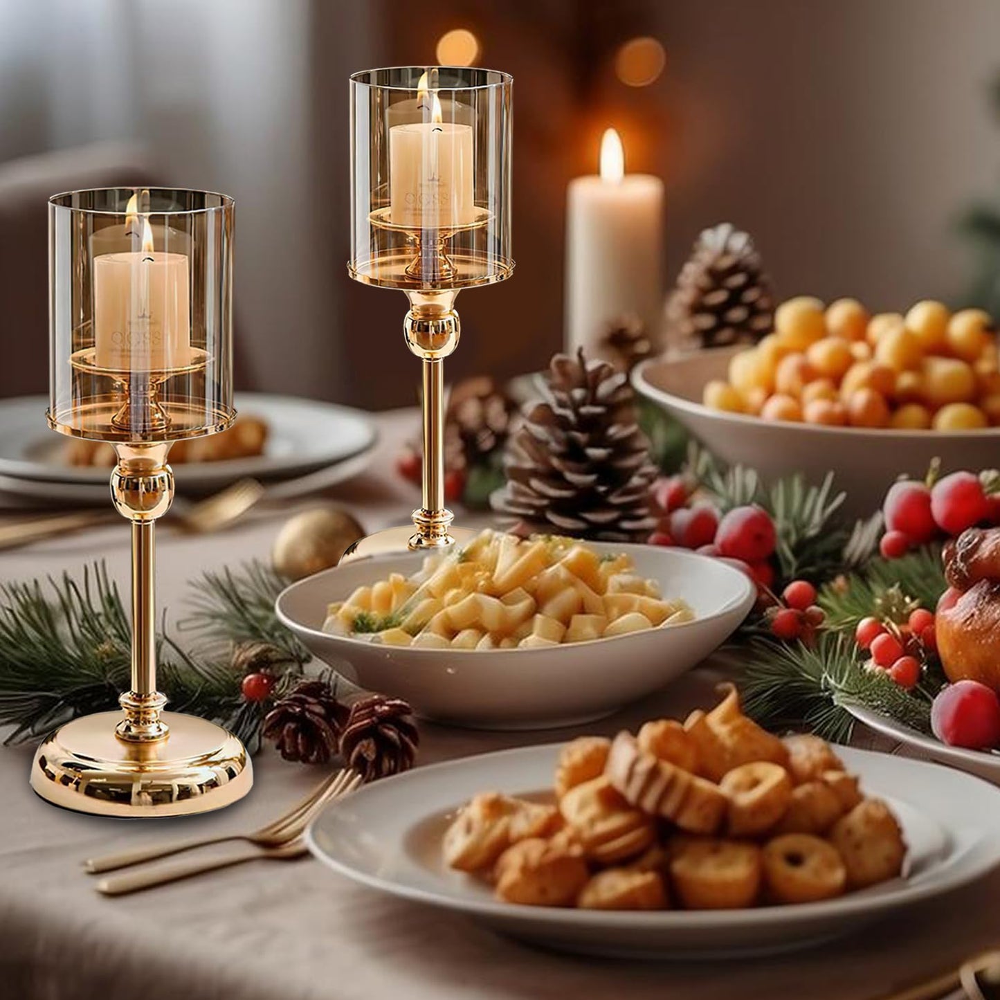 Modern Decorative Metal Candle Holder, Clear Glass Cylinder Candleholder, Open-End Candle Shade, Ideal for Table or Mantel Centerpiece, Wedding, Dining, Party Home Décor (Gold)