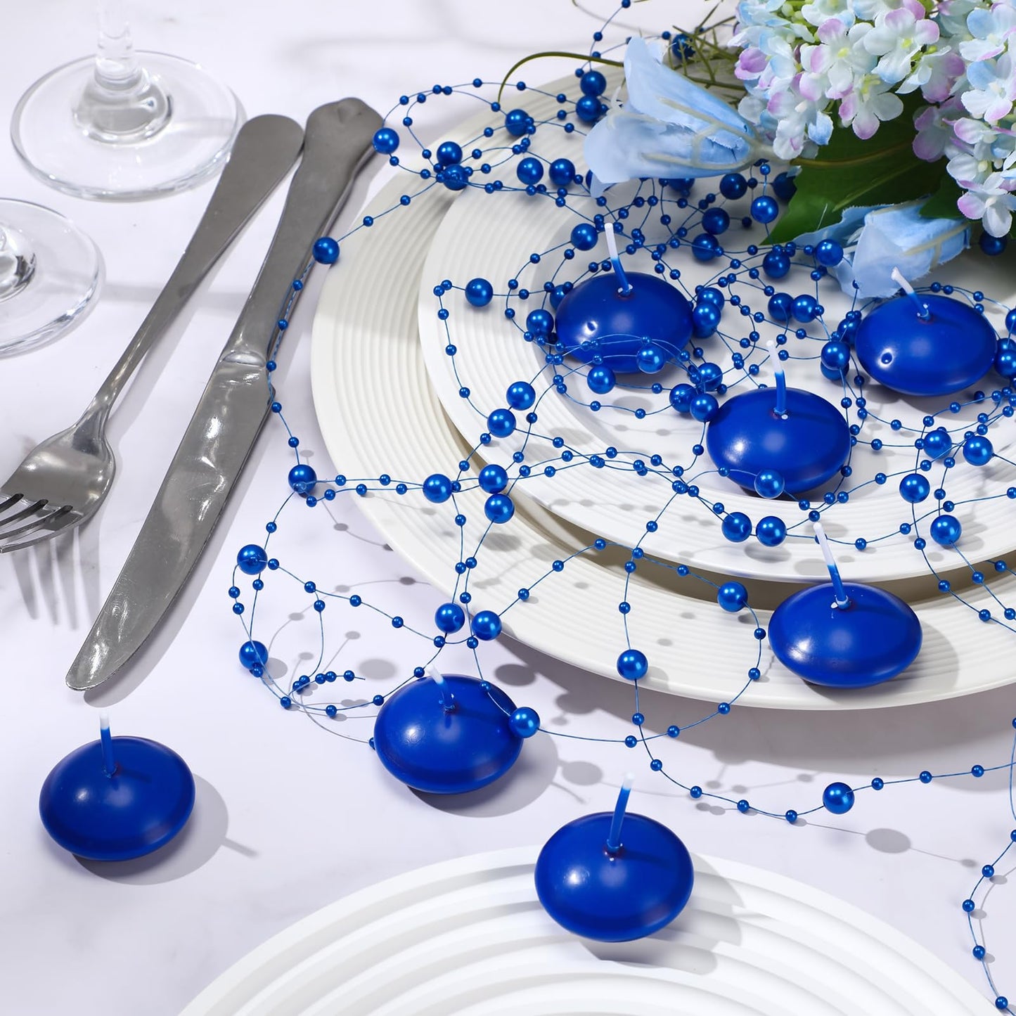 Fumete 40 Pcs Blue Floating Candles Pearl Strings for Centerpieces Small Unscented Floating Candles Vase Fillers Table Decoration for Meditation, Spa, Swimming Pool Party, Wedding Dining Table Decor
