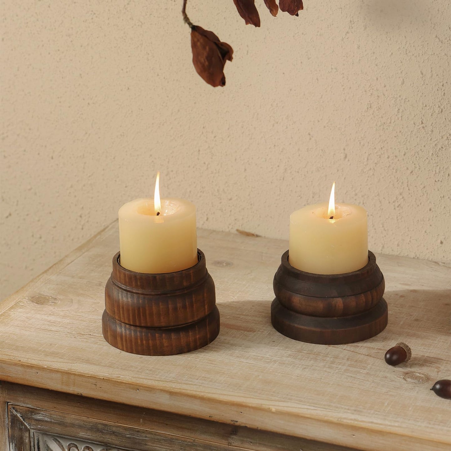 NIKKY HOME Farmhouse Wooden Pillar Candle Holders Set of 2, Rustic Solid Wood Candlesticks Pedestal Stand, Fireplace Mantle Table Centerpiece Decor, Brown
