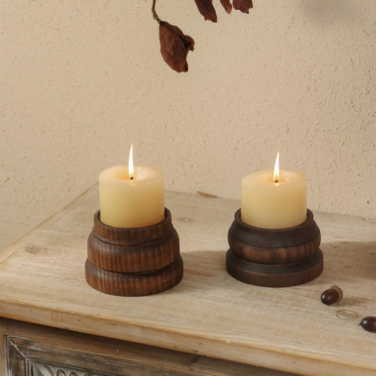 NIKKY HOME Farmhouse Wooden Pillar Candle Holders Set of 2, Rustic Solid Wood Candlesticks Pedestal Stand, Fireplace Mantle Table Centerpiece Decor, Brown