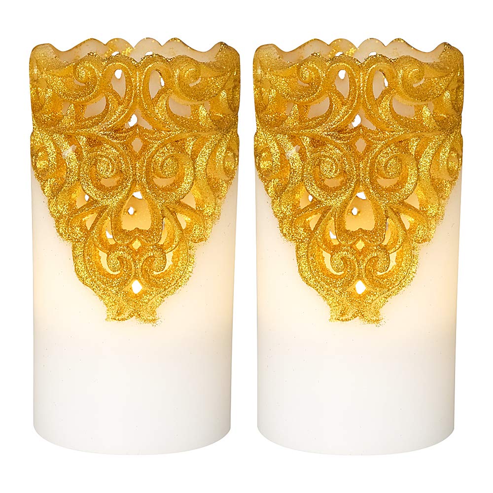 DRomance Hollow Gold Flameless Flickering Candles with 5H Timer, Battery Operated LED Pillar Candles Unscented Wax Warm Light Christmas Home Decoration(Set of 2, 3 x 6 Inches)