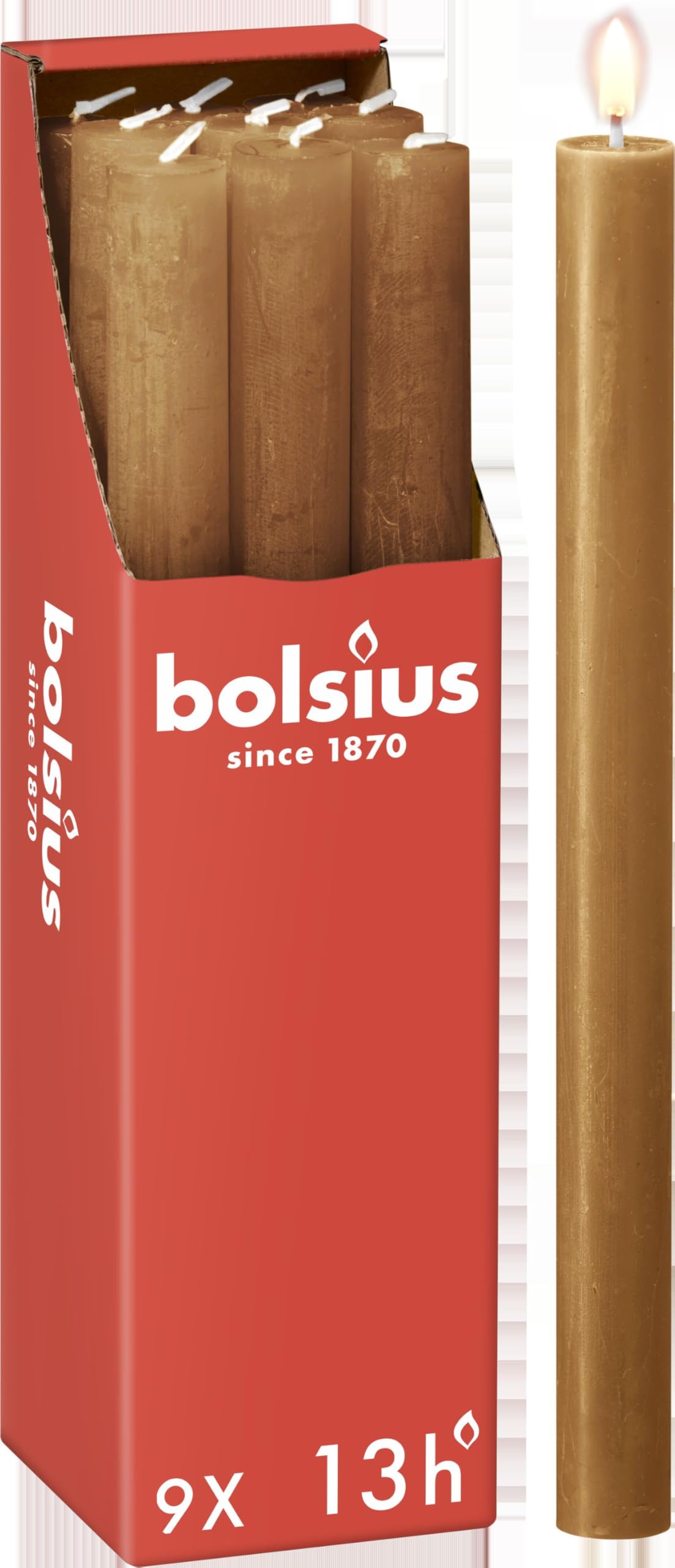 Bolsius Tapered Dinner Pillar Candles - Spice Brown - Pack of 9 - Long Burning Time of 13 Hours - Household Candle - Interior Decoration - Unscented - Natural Vegan Wax - 27 x 2.3 cm