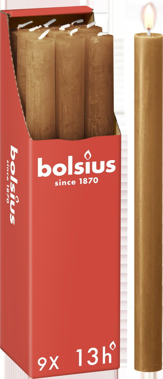 Bolsius Tapered Dinner Pillar Candles - Spice Brown - Pack of 9 - Long Burning Time of 13 Hours - Household Candle - Interior Decoration - Unscented - Natural Vegan Wax - 27 x 2.3 cm