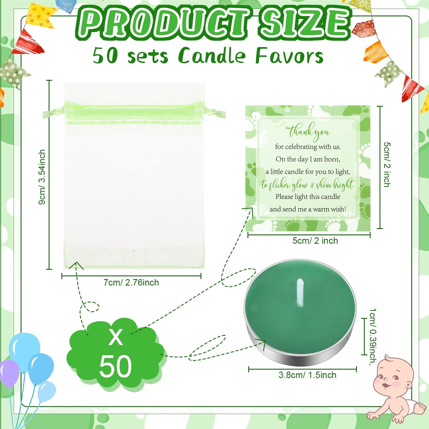 50 Sets Baby Shower Party Favors Including 50 Pcs Unscented Tealight Baby Shower Candles Gift Bags Cards for Gender Reveal Party Supplies(Green)