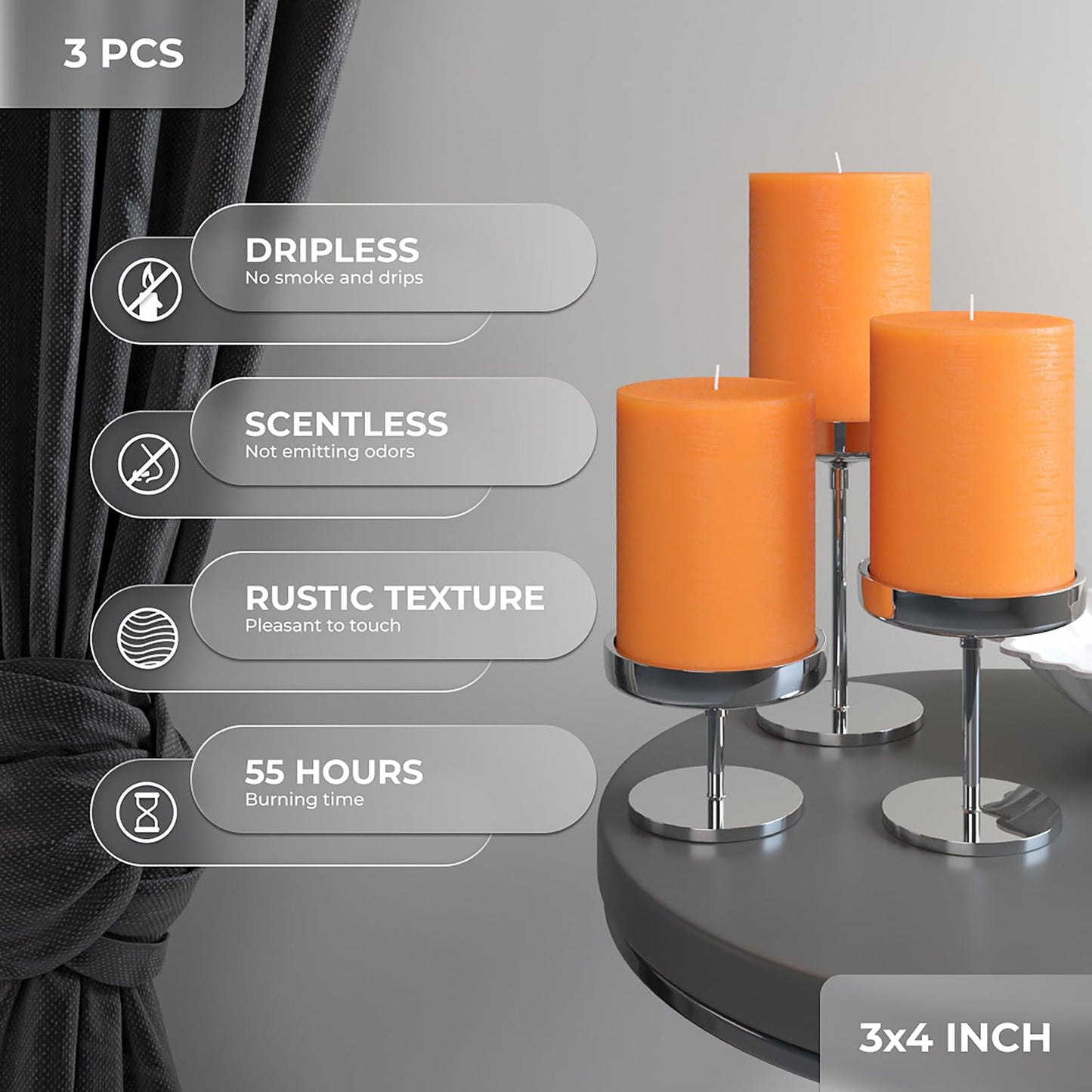 CANDWAX 3x4 inch Pillar Candles Set of 3 – Unscented Dripless Rustic Orange Candles for Fall Events, Halloween Decor, Thanksgiving Centerpieces, Wedding Décor
