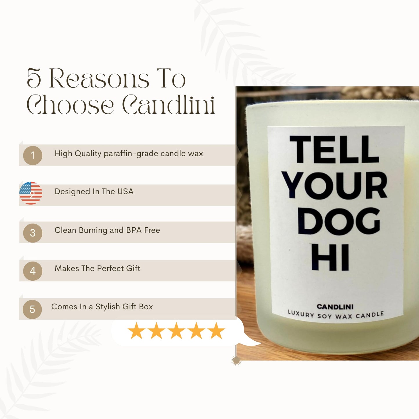 Tell Your Dog Hi | Luxury Candle Soy Wax Vanilla Blend | Unique Funny Gift for Dog Lovers | Gift Box Included